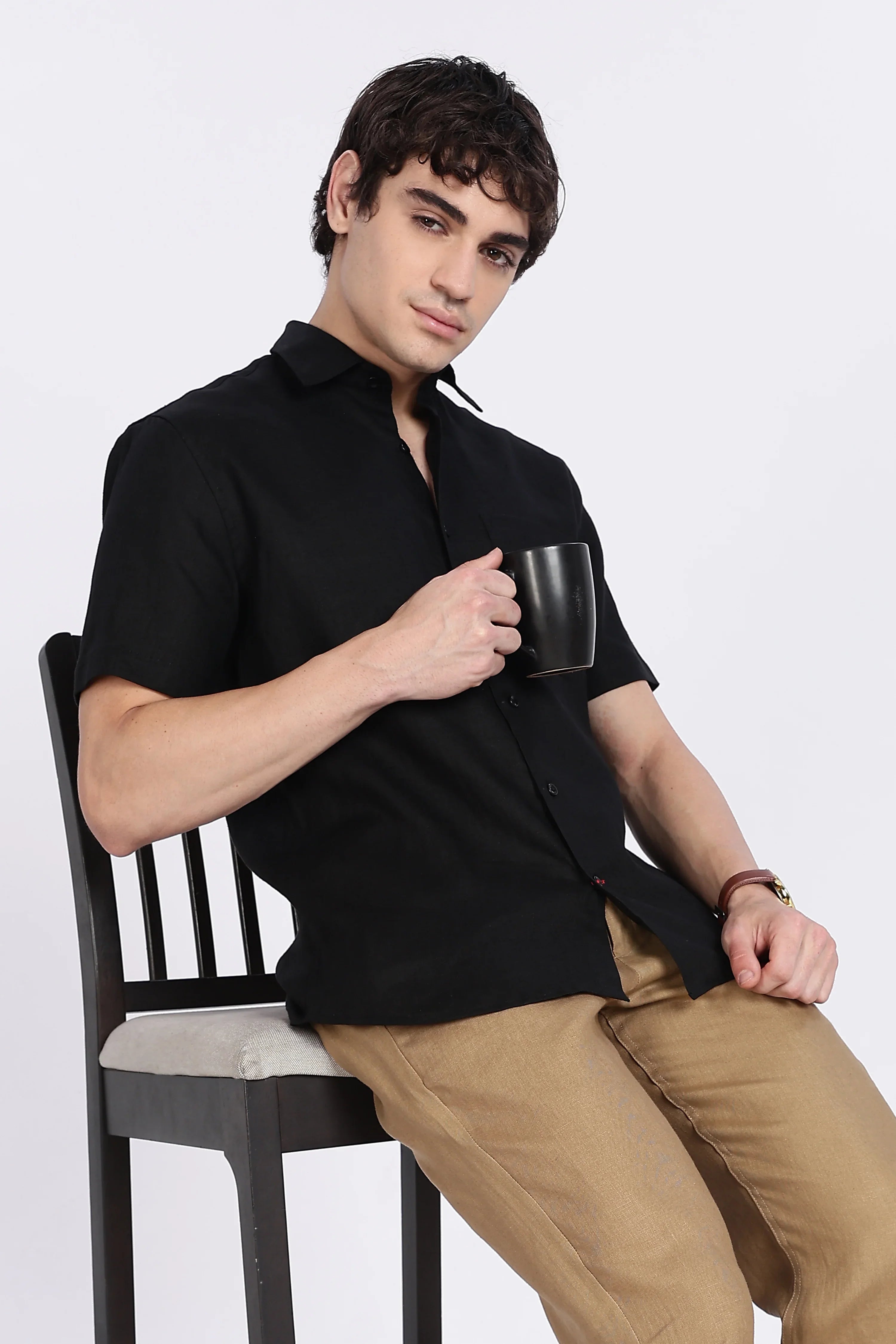 Men’s Black Half Sleeve Linen Shirt – 100% Pure Linen | Linen Culture
