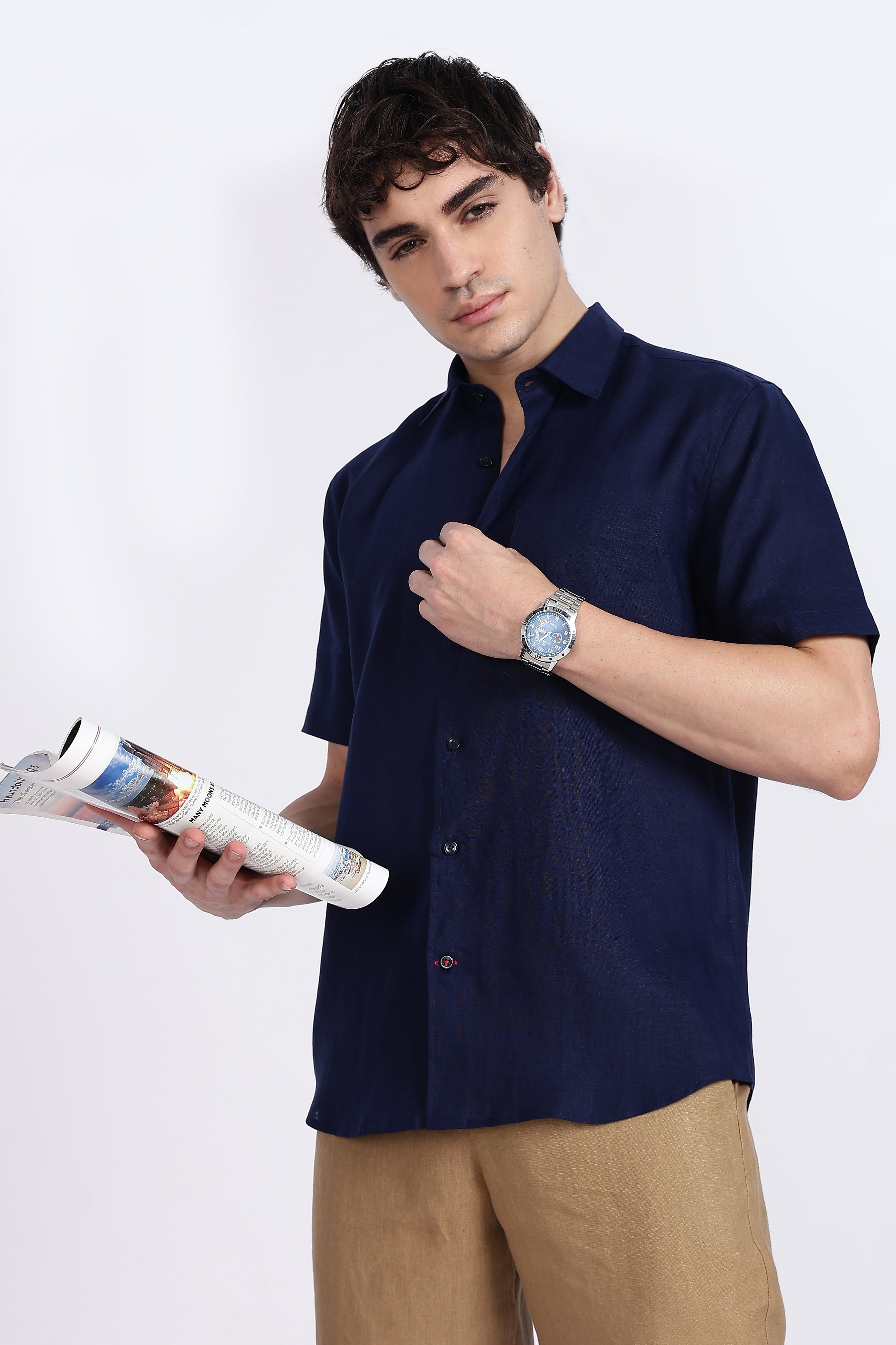 Men’s Navy Blue Half Sleeve Linen Shirt – 100% Pure Linen | Linen Culture