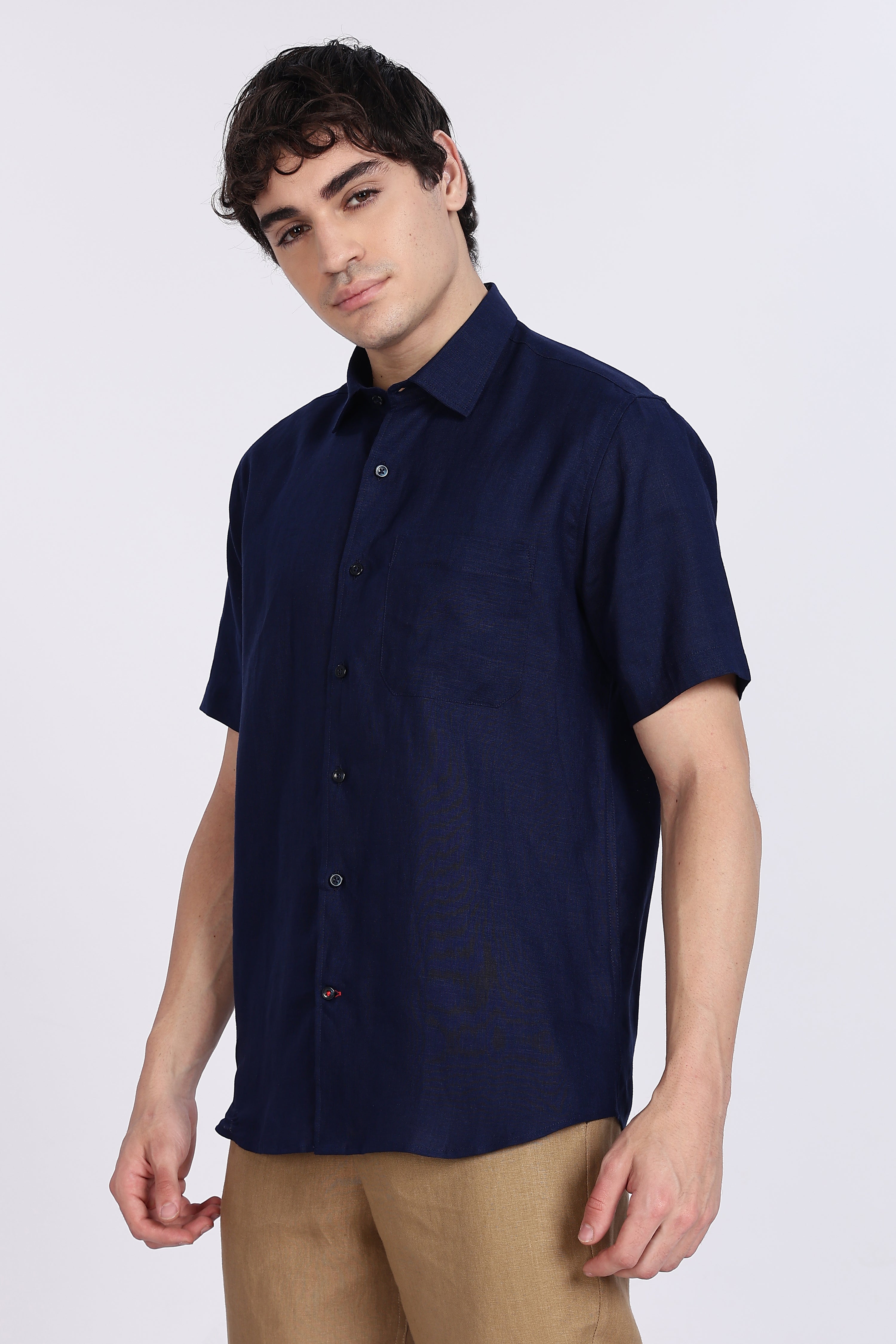 Men’s Navy Blue Half Sleeve Linen Shirt – 100% Pure Linen | Linen Culture