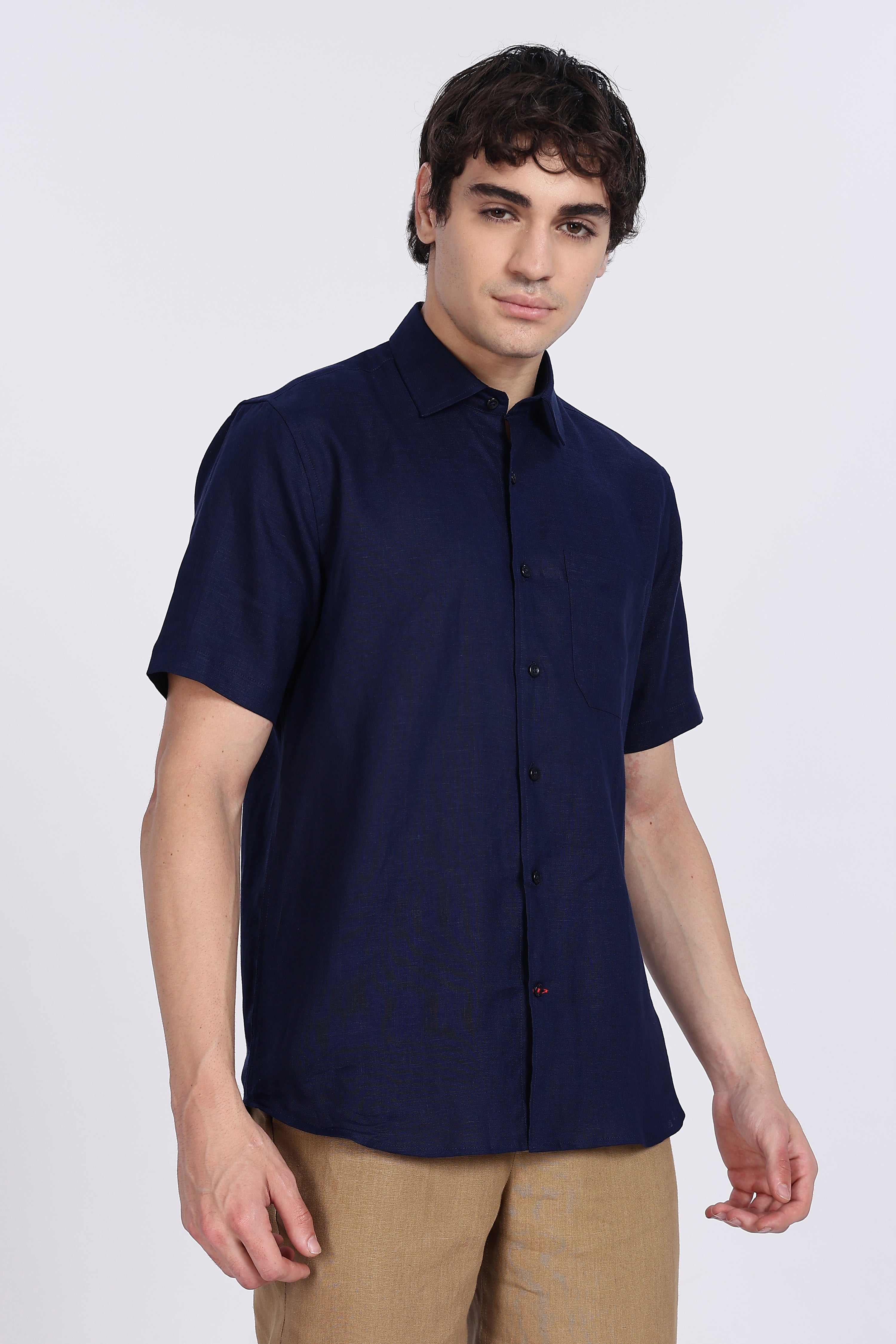 Men’s Navy Blue Half Sleeve Linen Shirt – 100% Pure Linen | Linen Culture