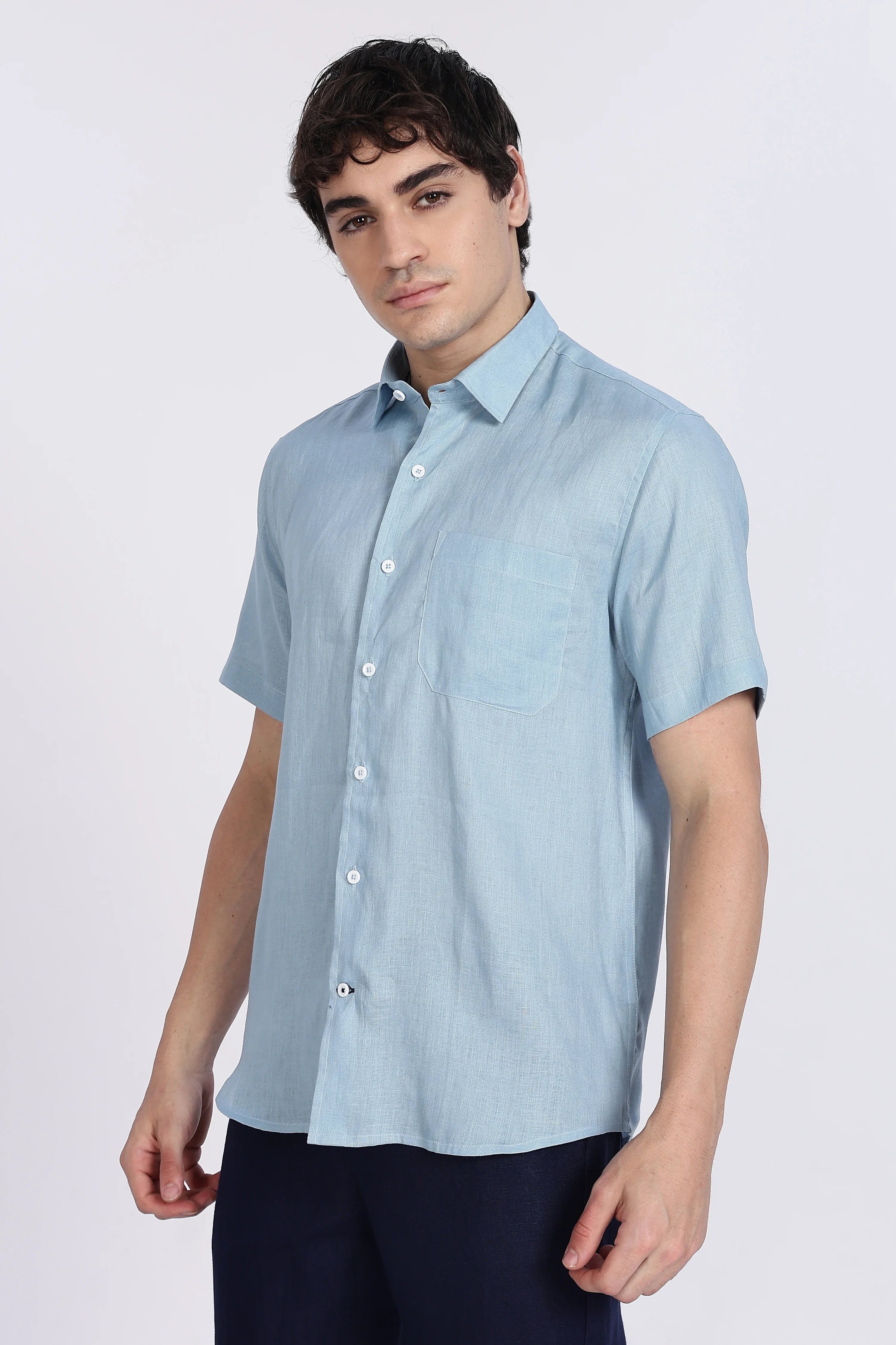 Men’s Light Blue Half Sleeve Linen Shirt – 100% Pure Linen | Linen Culture