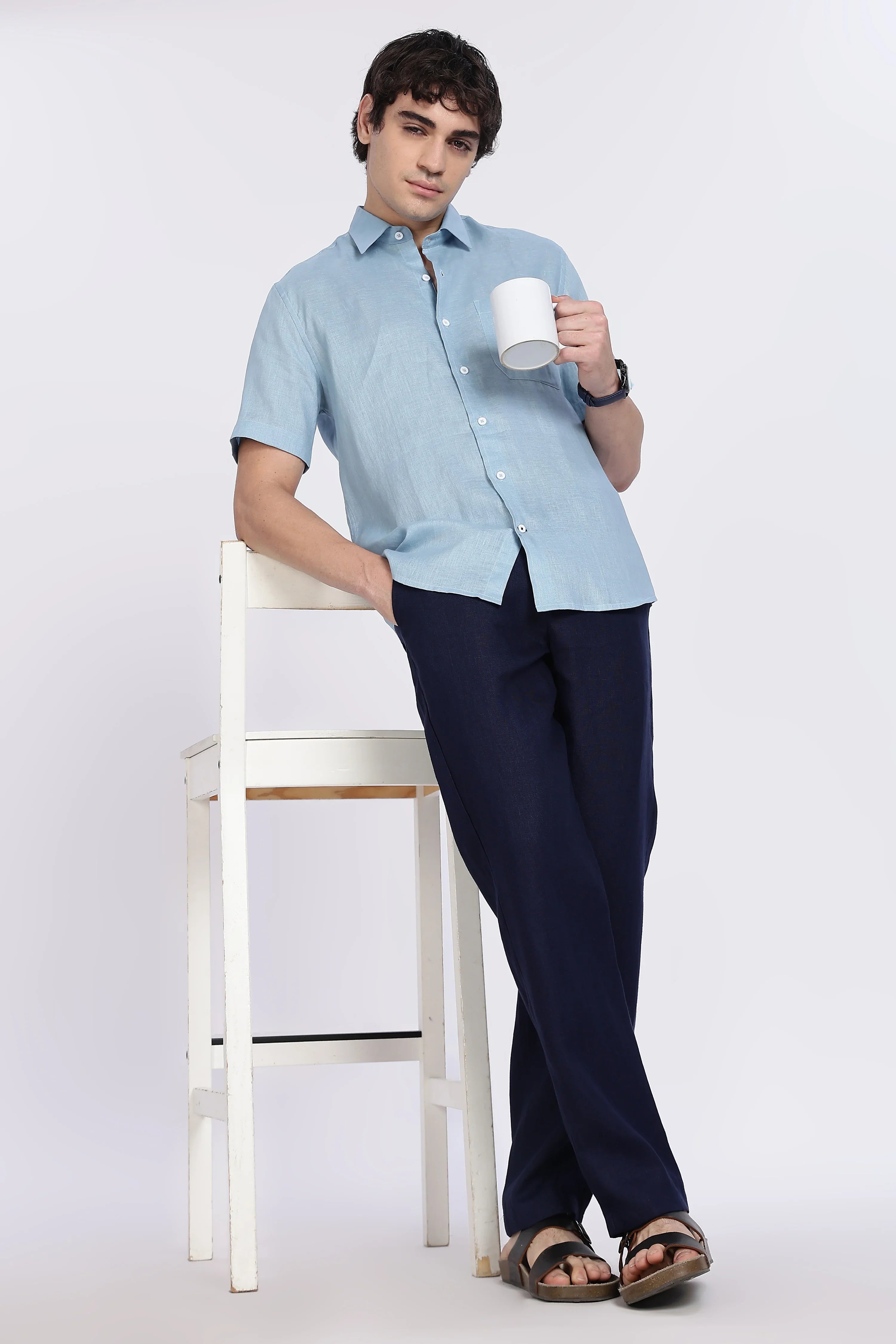 Men’s Light Blue Half Sleeve Linen Shirt – 100% Pure Linen | Linen Culture