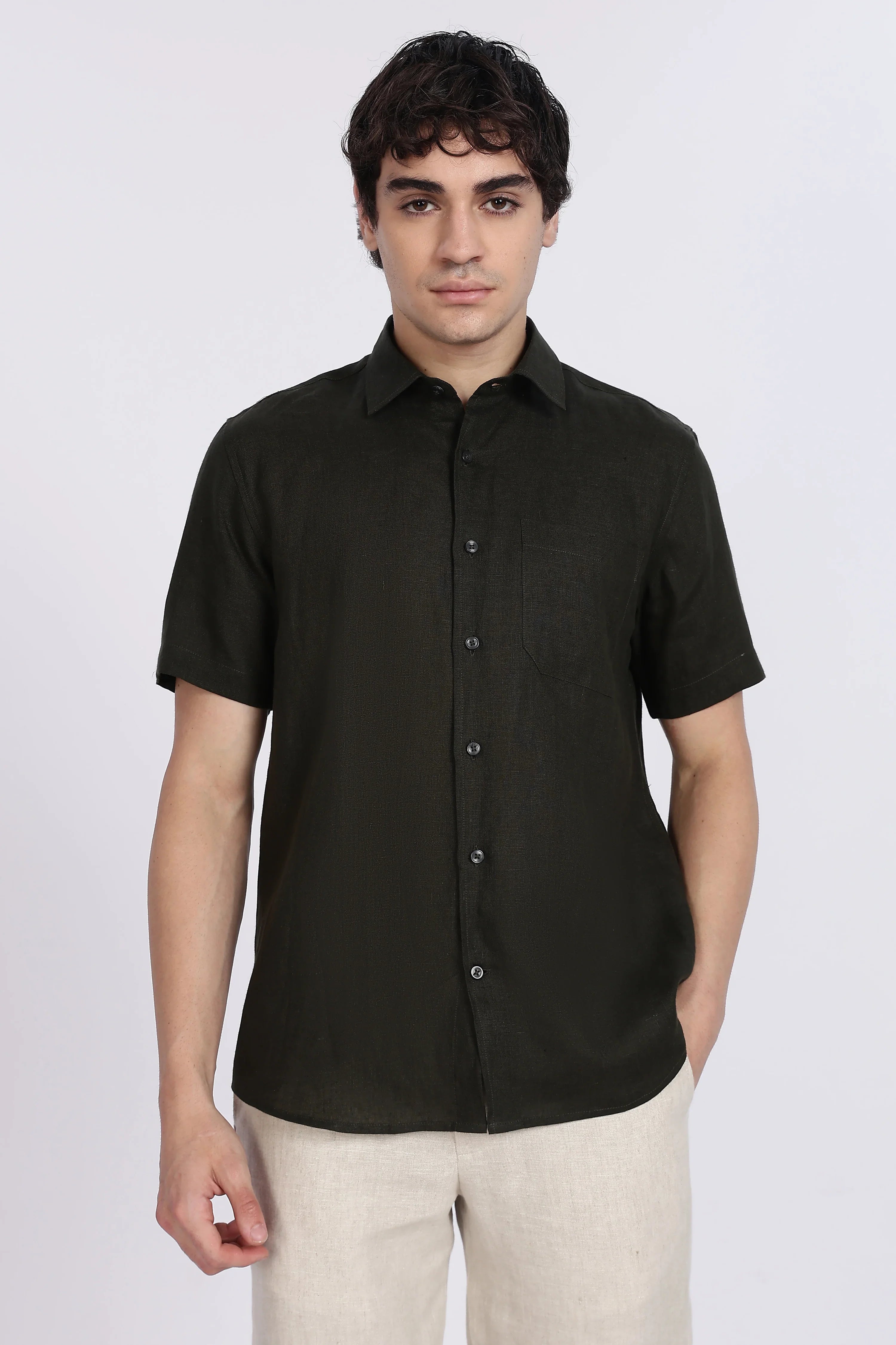 Men’s Dark Green Half Sleeve Linen Shirt – 100% Pure Linen | Linen Culture