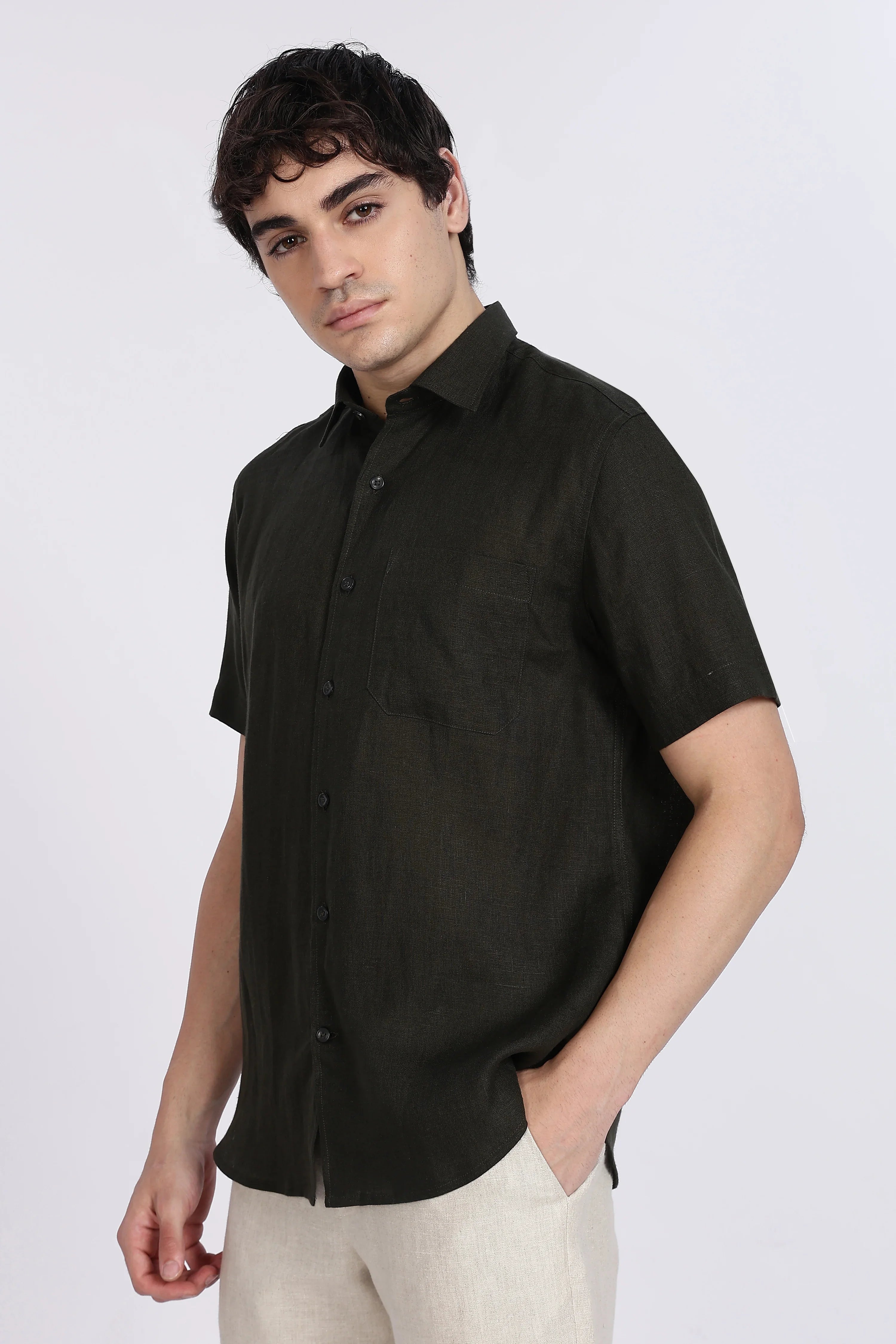Men’s Dark Green Half Sleeve Linen Shirt – 100% Pure Linen | Linen Culture