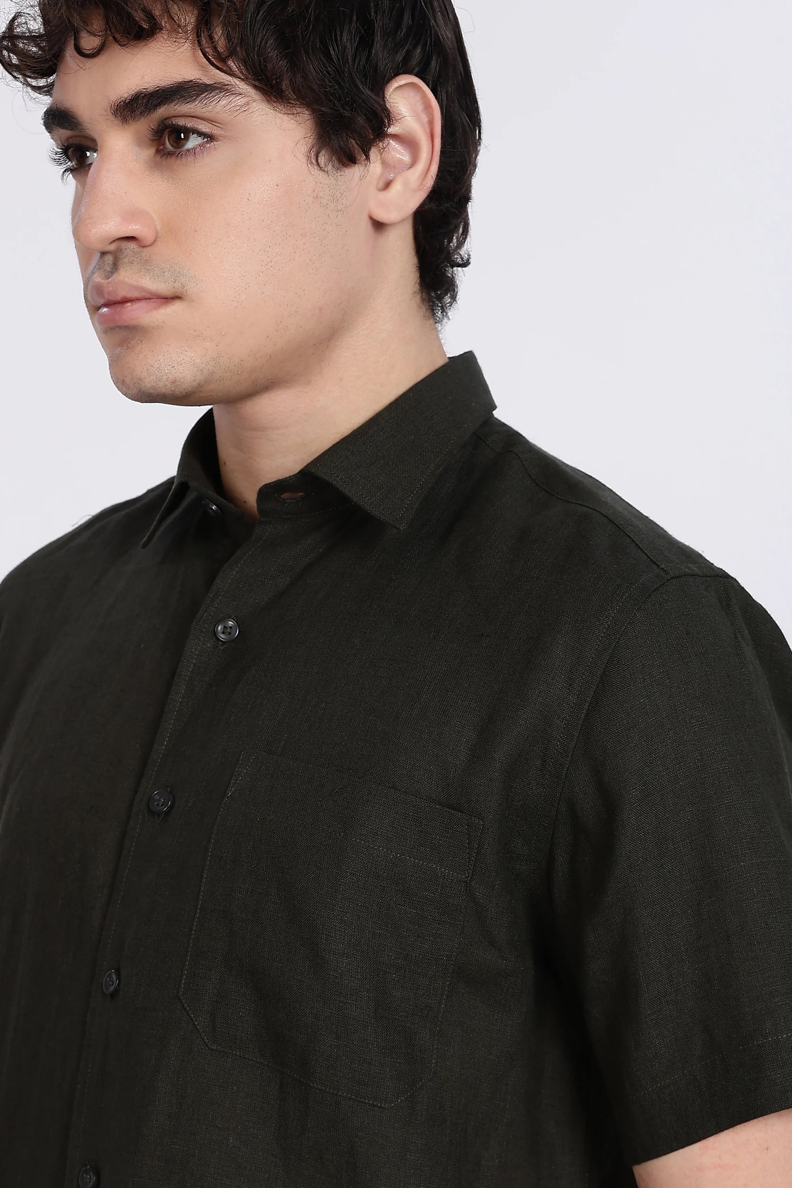 Men’s Dark Green Half Sleeve Linen Shirt – 100% Pure Linen | Linen Culture