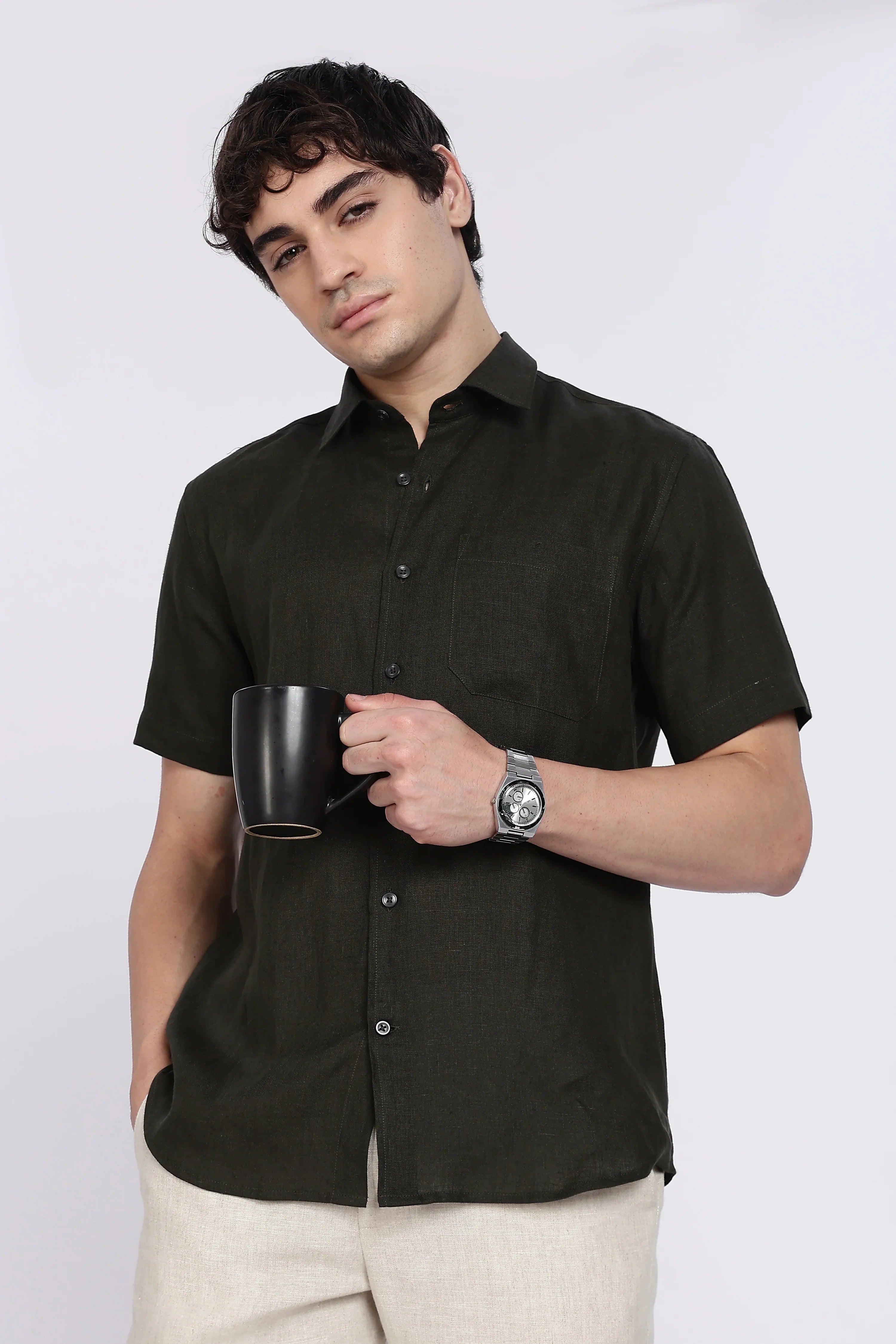 Men’s Dark Green Half Sleeve Linen Shirt – 100% Pure Linen | Linen Culture