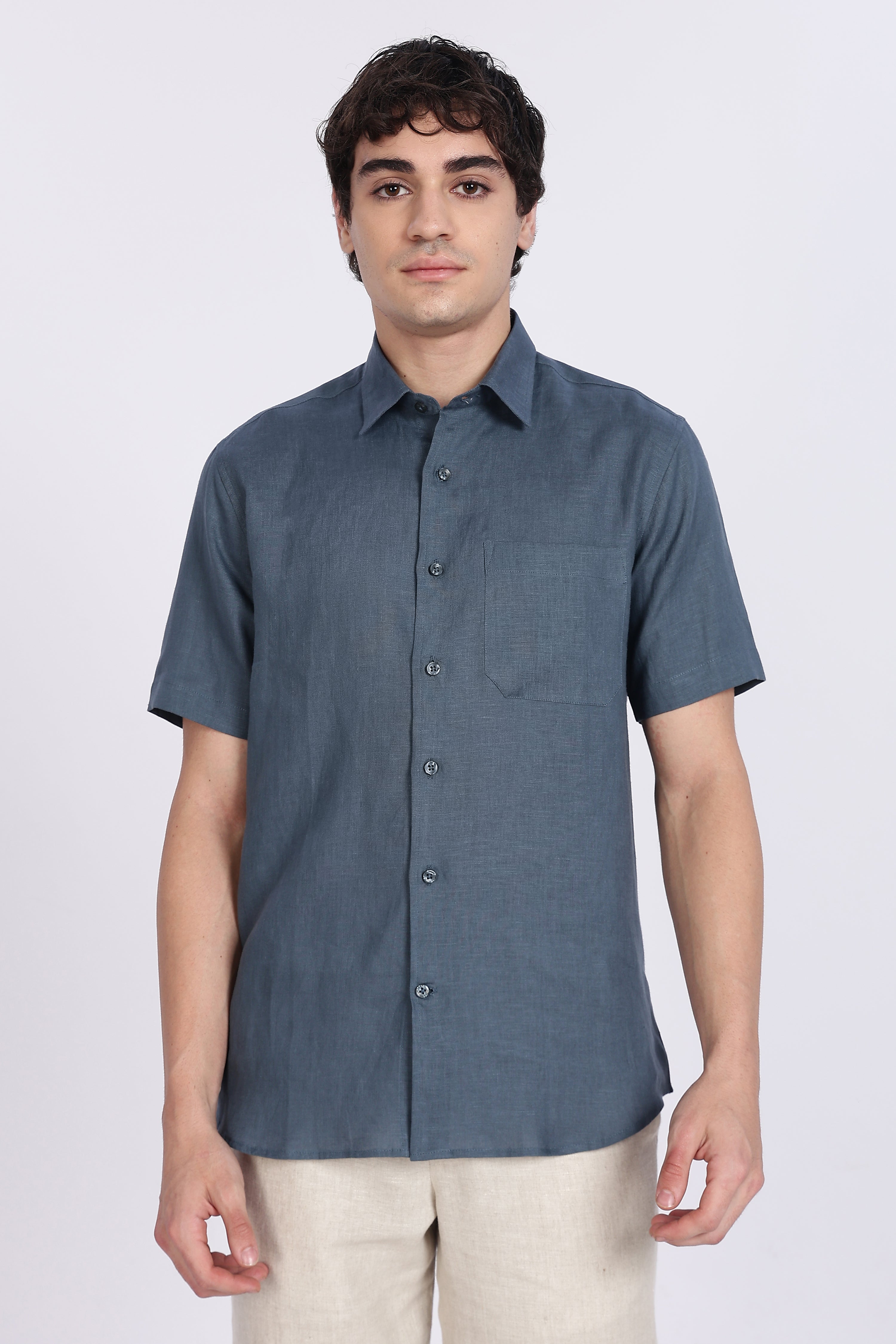 Men’s Steel Blue Half Sleeve Linen Shirt – 100% Pure Linen | Linen Culture