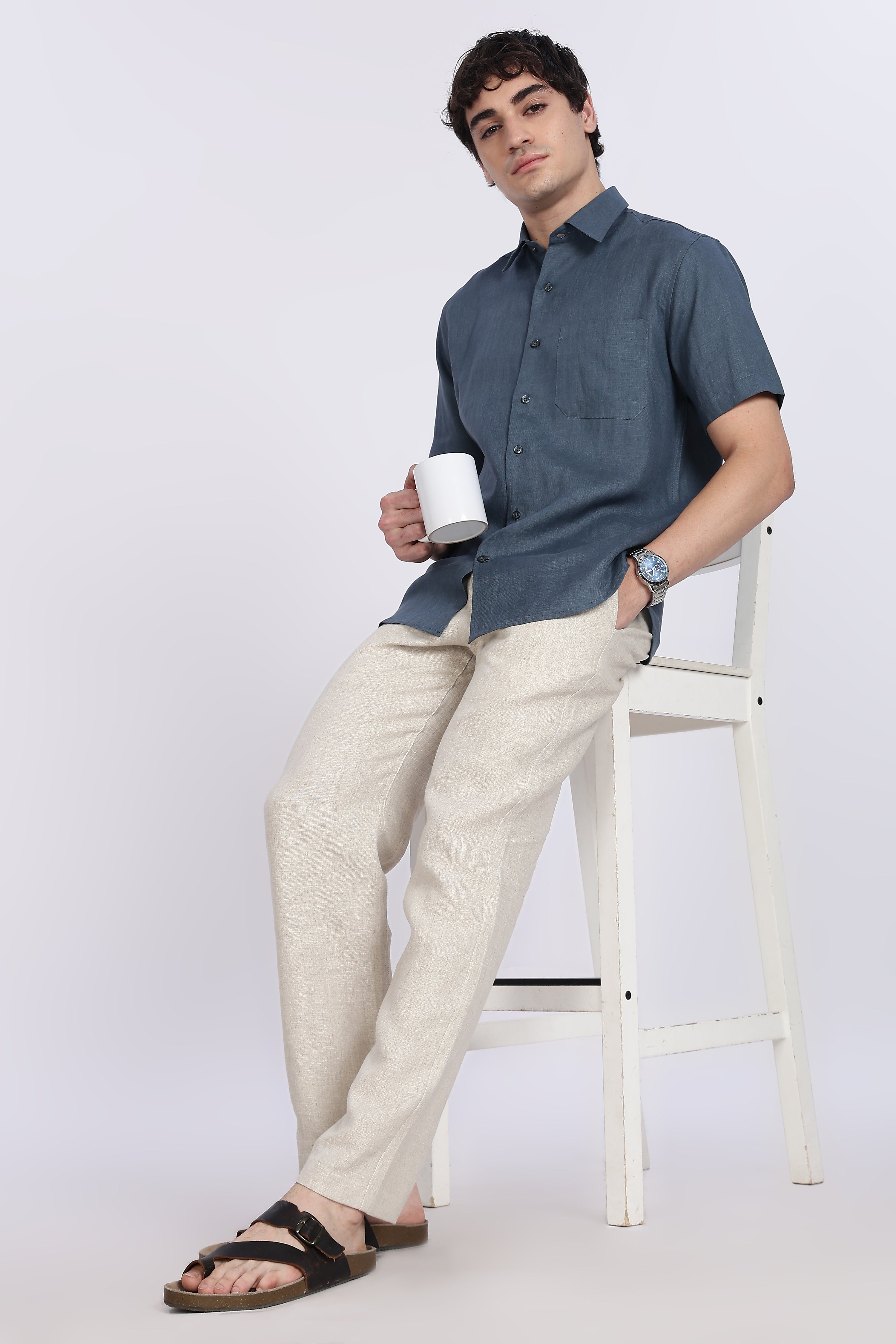 Men’s Steel Blue Half Sleeve Linen Shirt – 100% Pure Linen | Linen Culture