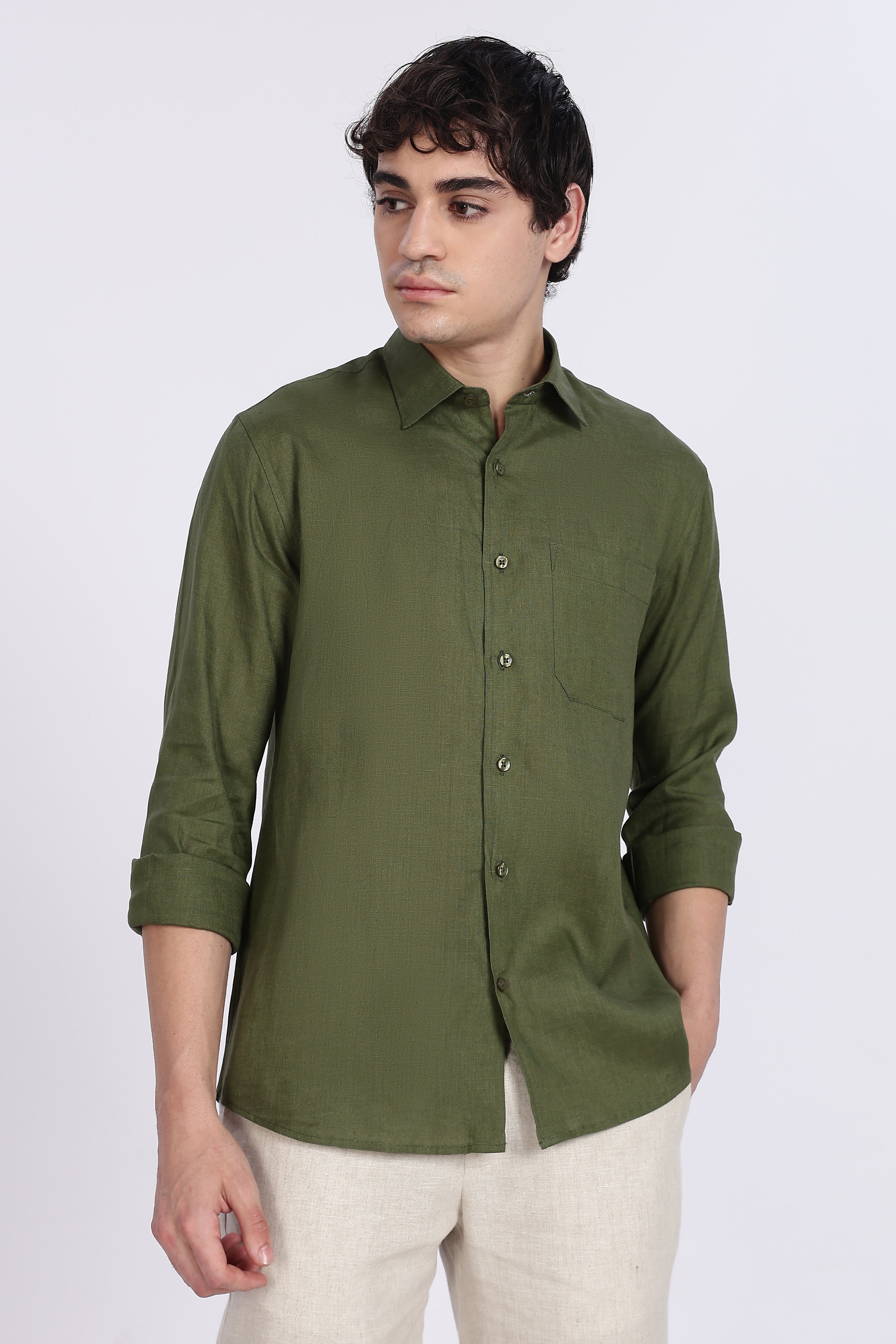 Men’s Olive Green Full Sleeve Linen Shirt – 100% Pure Linen | Linen Culture