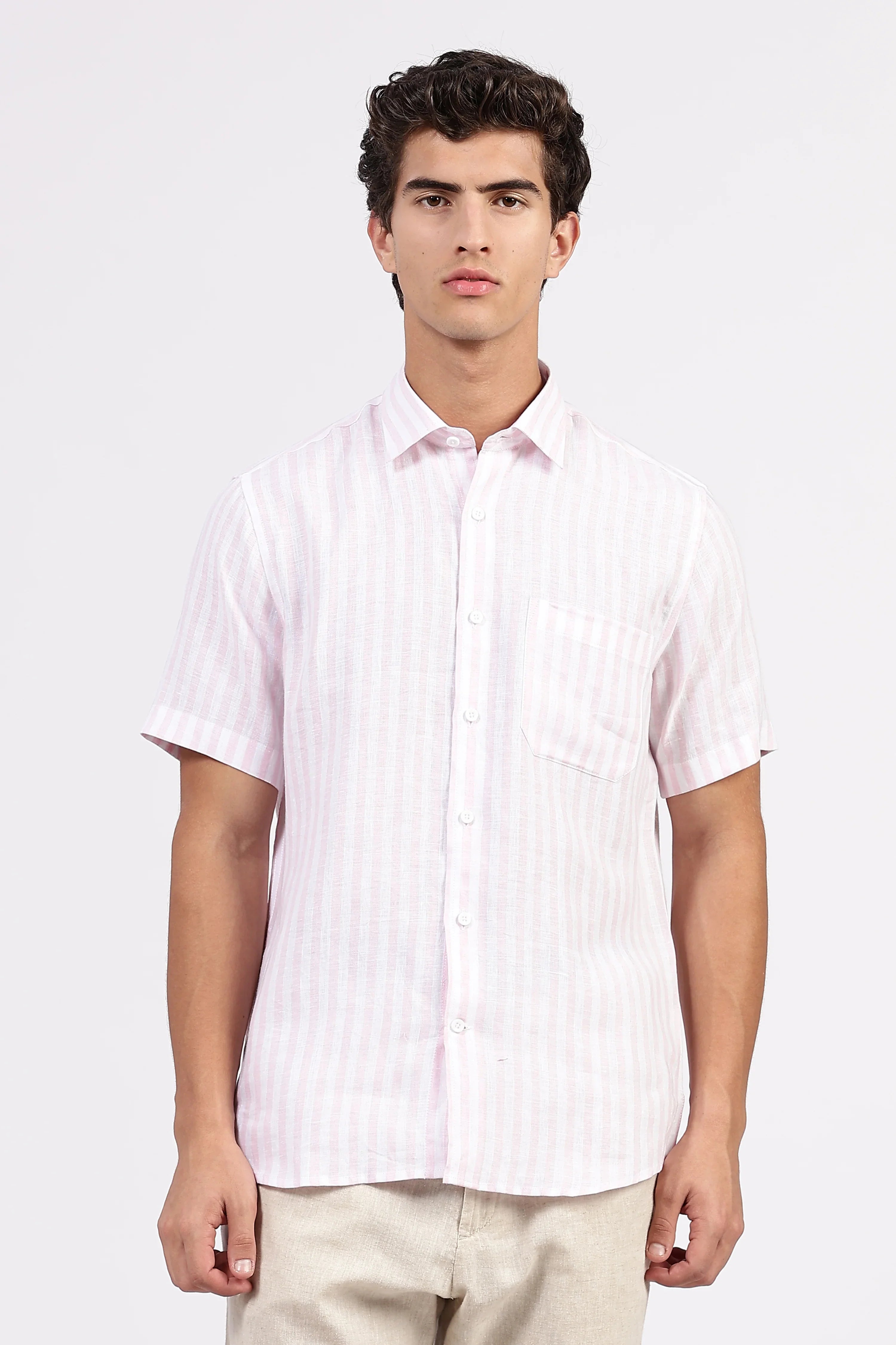 Men’s Pink Striped Linen Shirt – Half Sleeve | Light, Breezy & Refined by Linen Culture