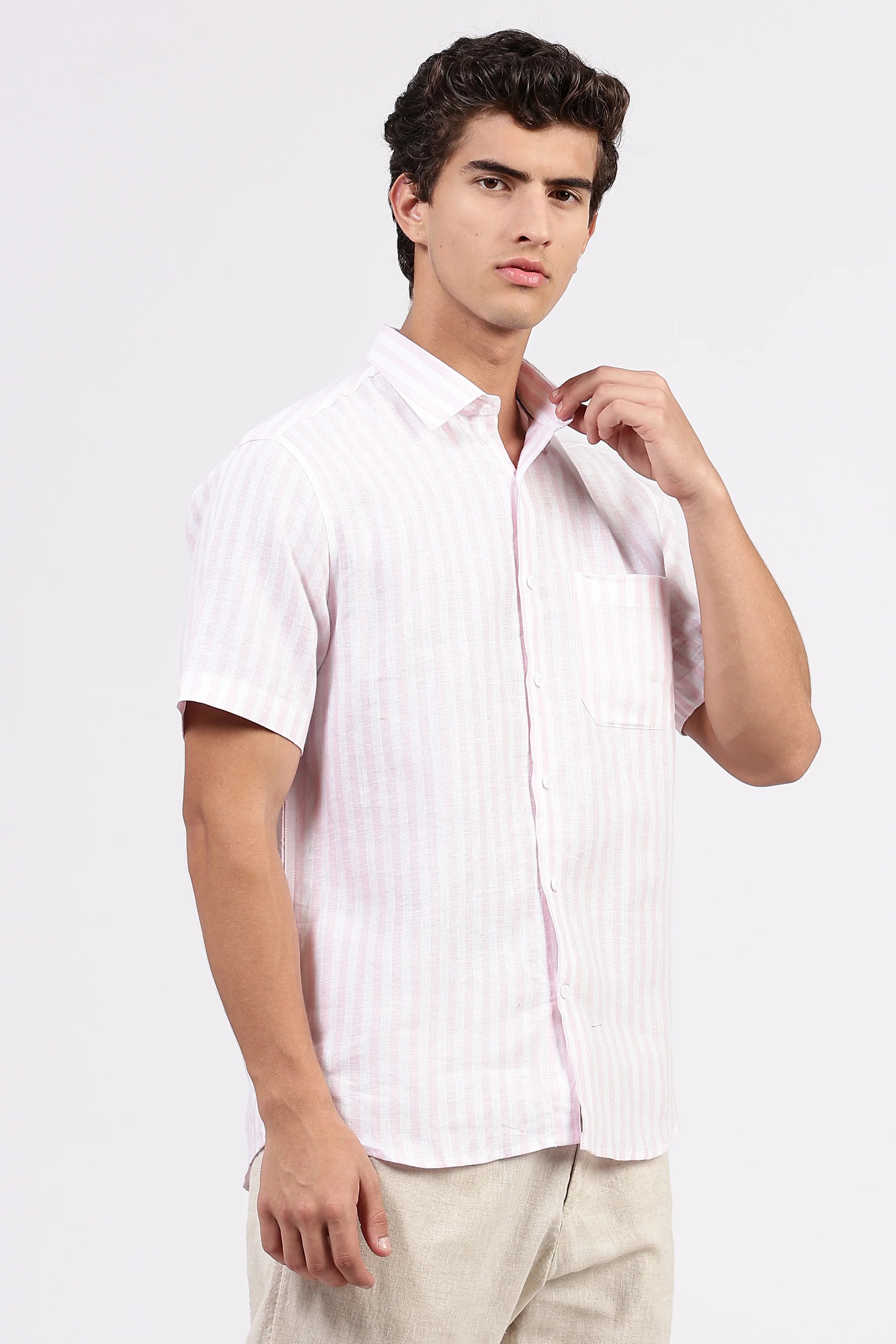 Men’s Pink Striped Linen Shirt – Half Sleeve | Light, Breezy & Refined by Linen Culture