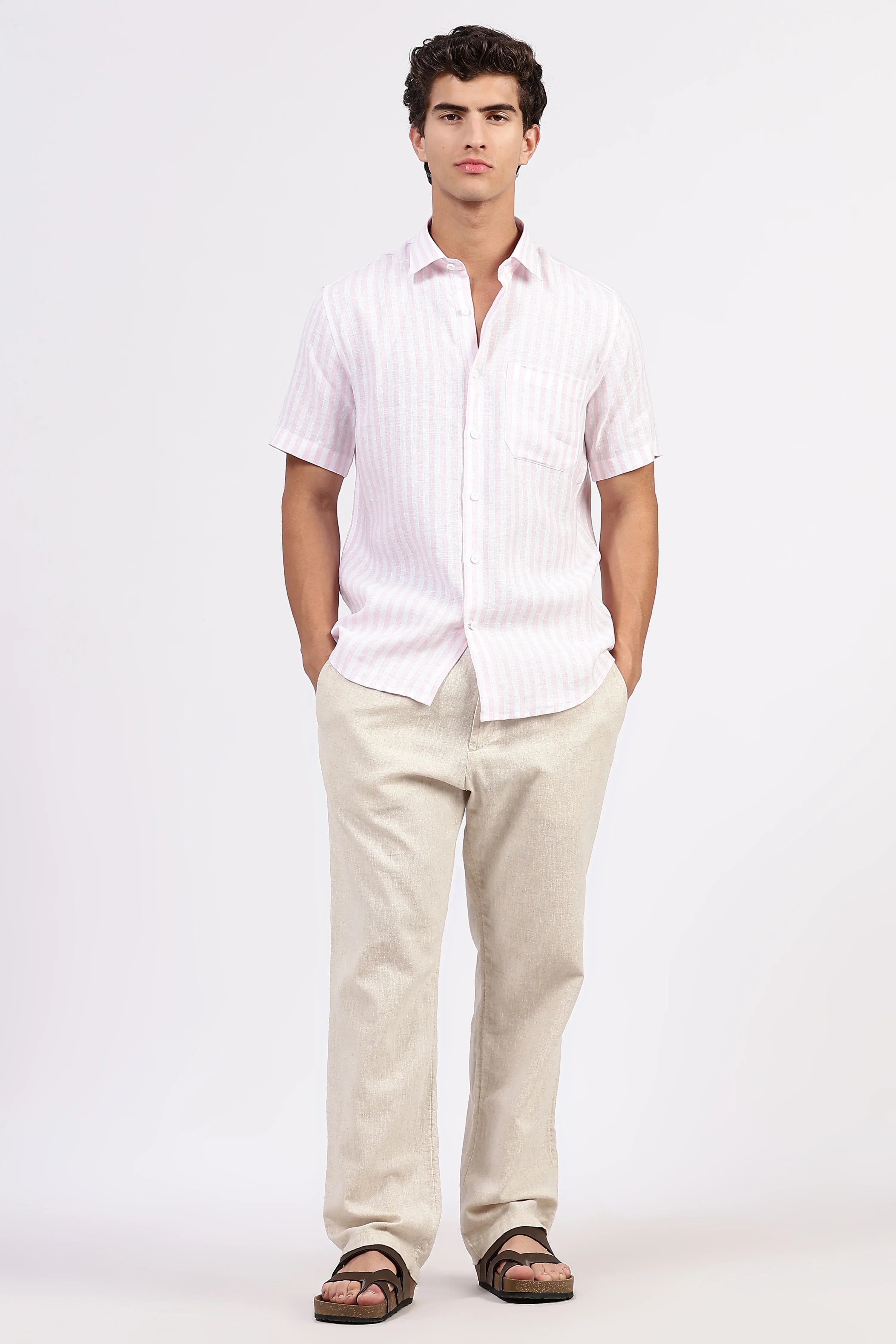 Men’s Pink Striped Linen Shirt – Half Sleeve | Light, Breezy & Refined by Linen Culture