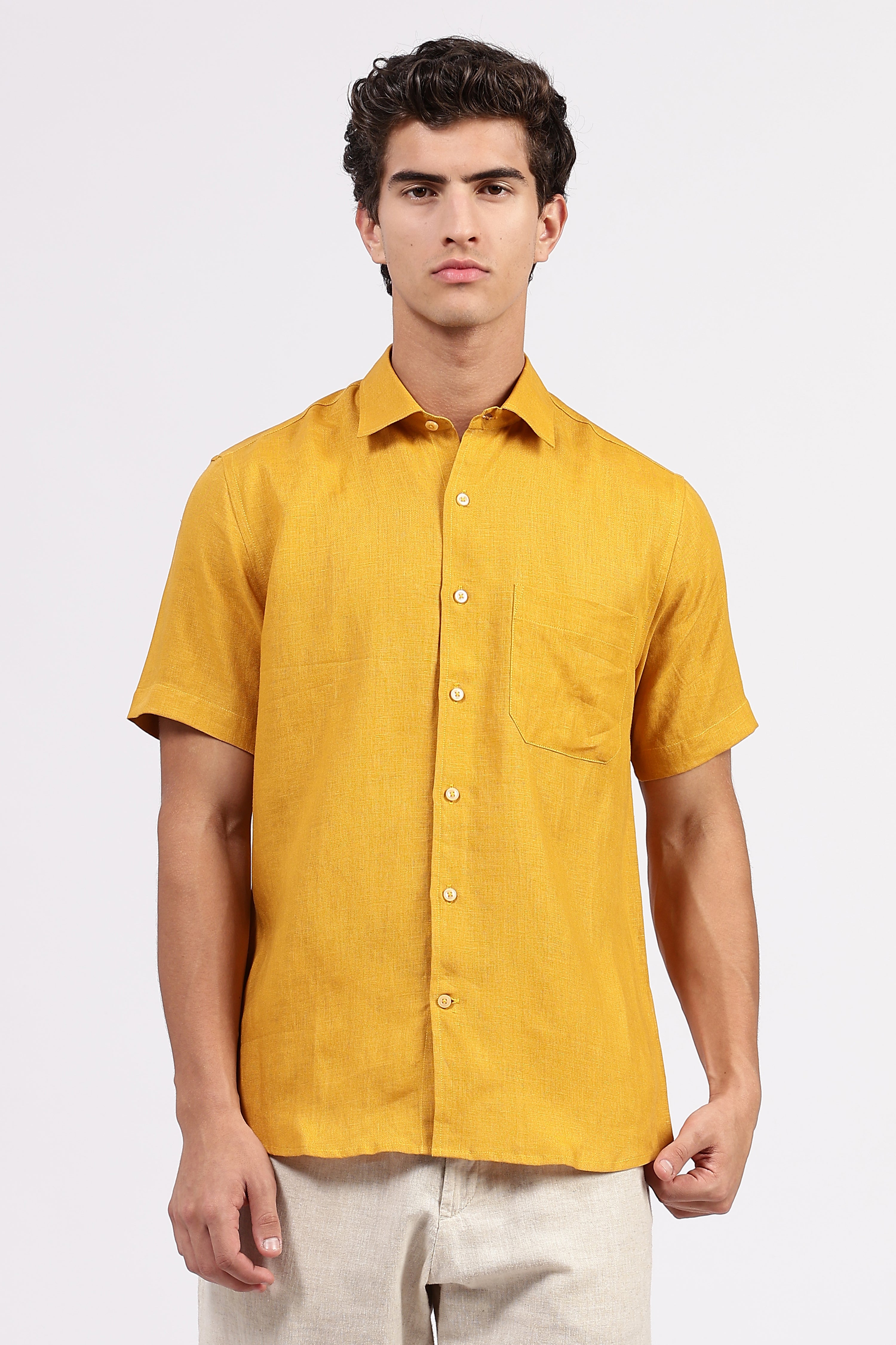 Men’s Yellow Linen Shirt – Half Sleeve | Linen Culture