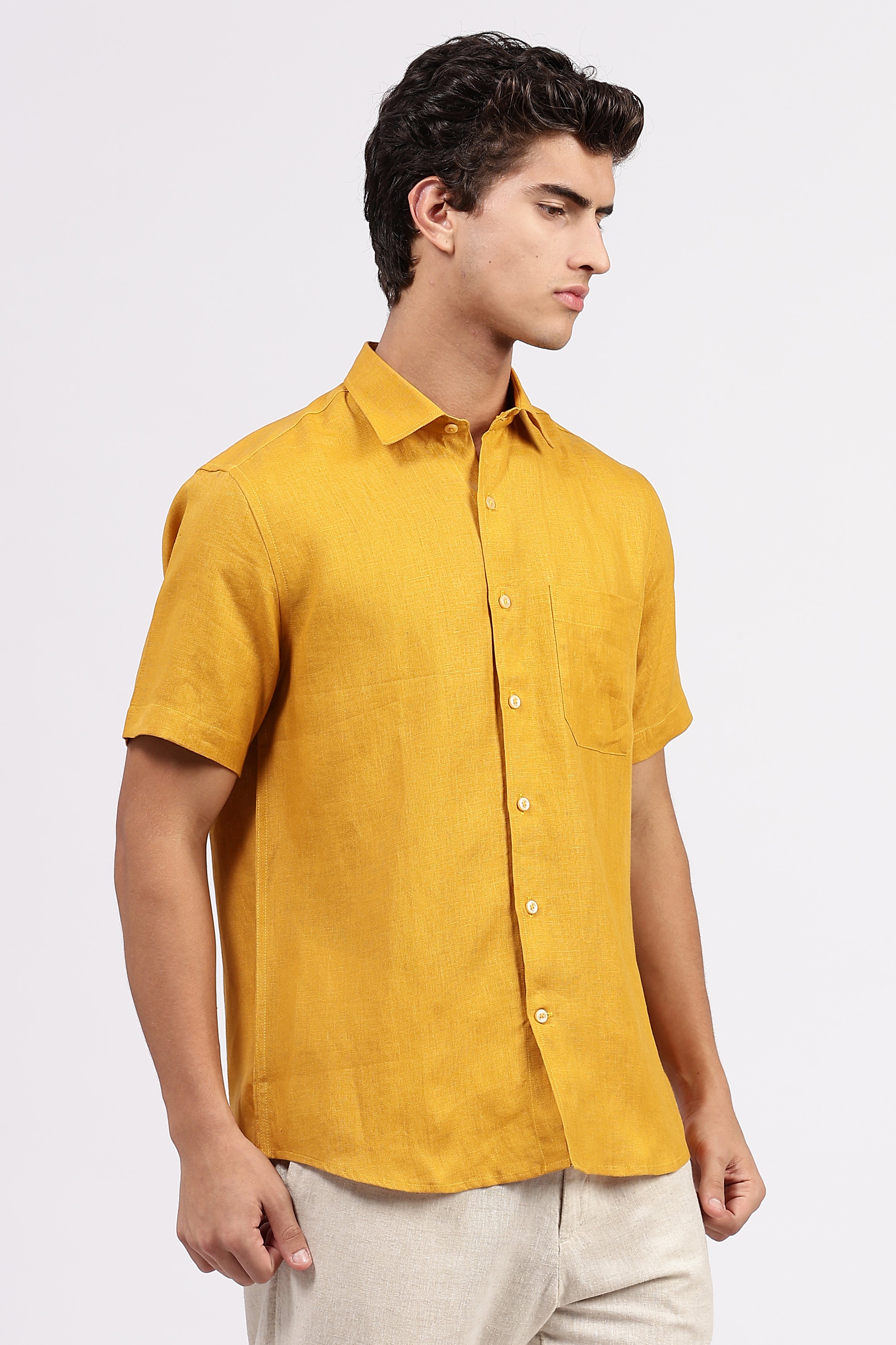 Men’s Yellow Linen Shirt – Half Sleeve | Linen Culture