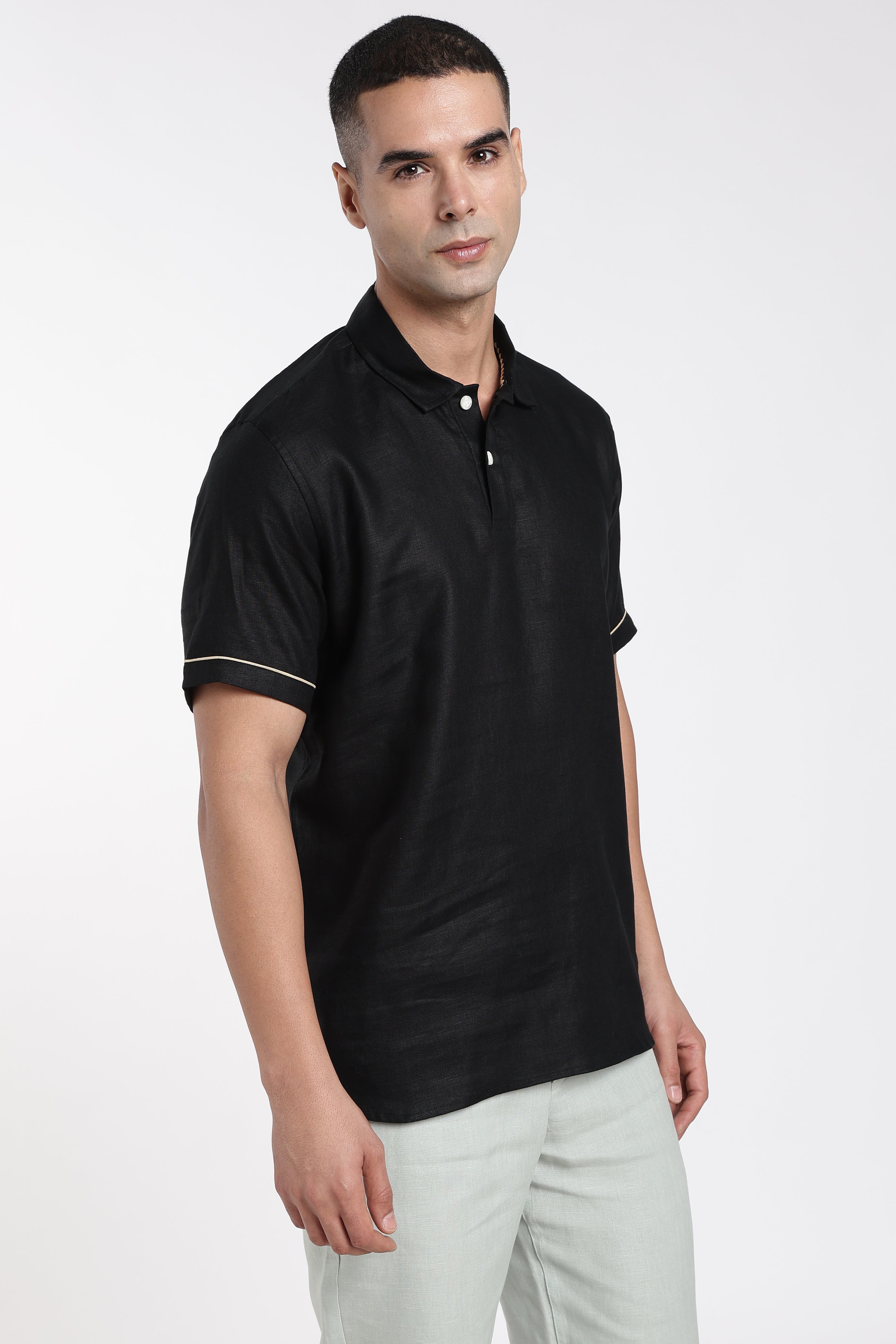 Men’s Linen Polo T-Shirt – Black | Linen Culture