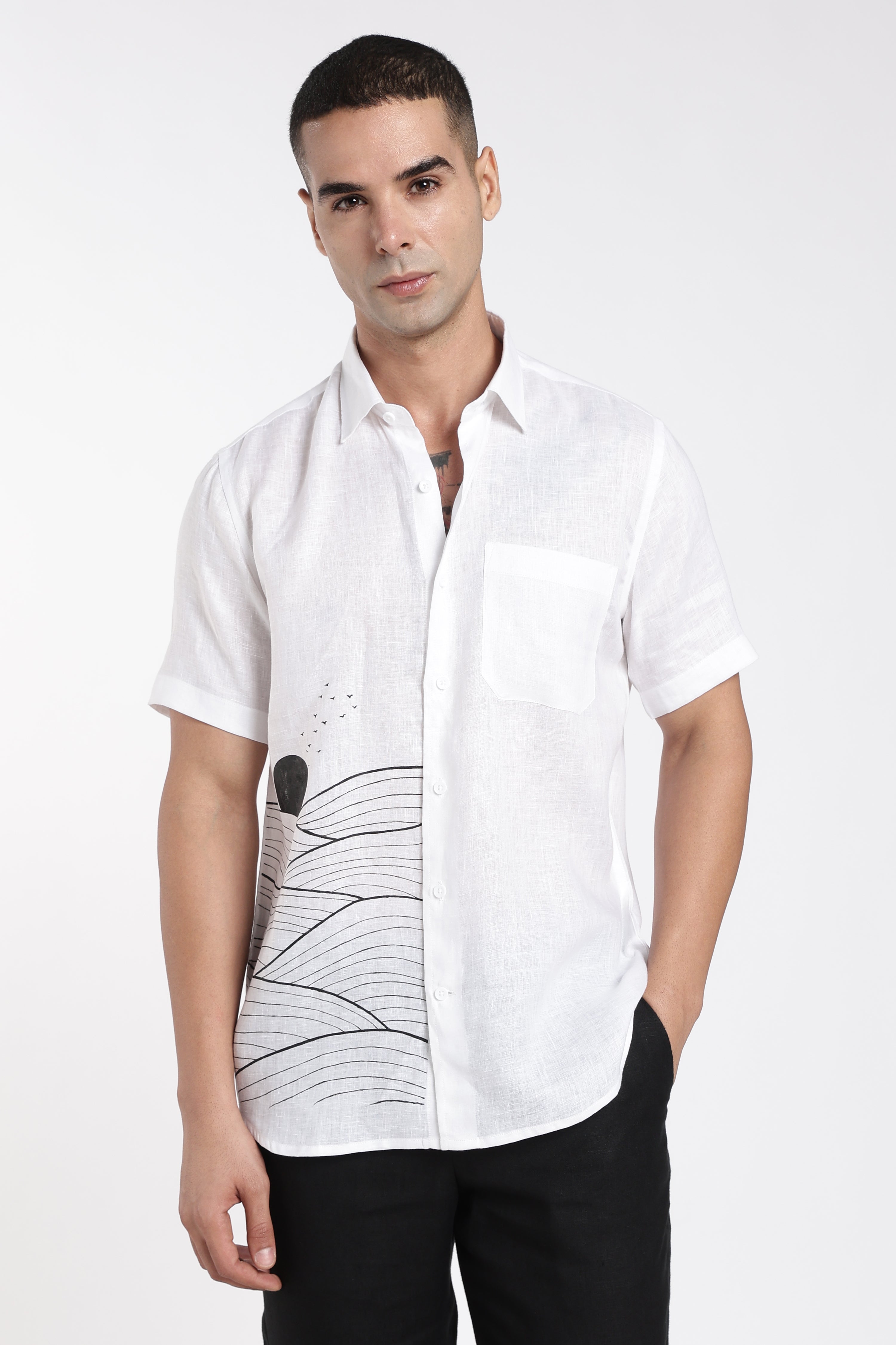 Men’s White Linen Shirt with Hand-Painted Dune Artwork | Linen Culture