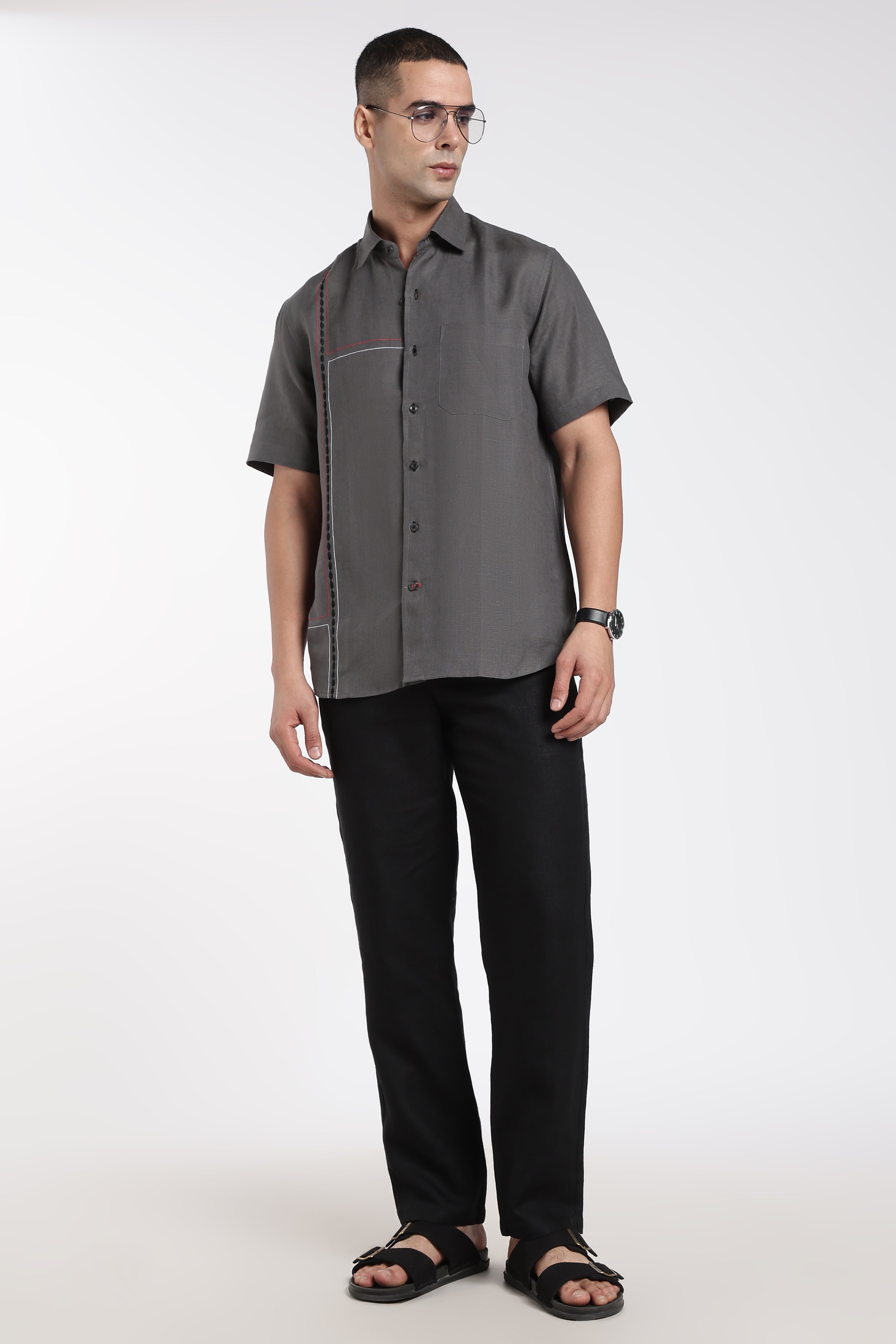 Men’s Charcoal Grey Linen Shirt with Linear Embroidery Detail