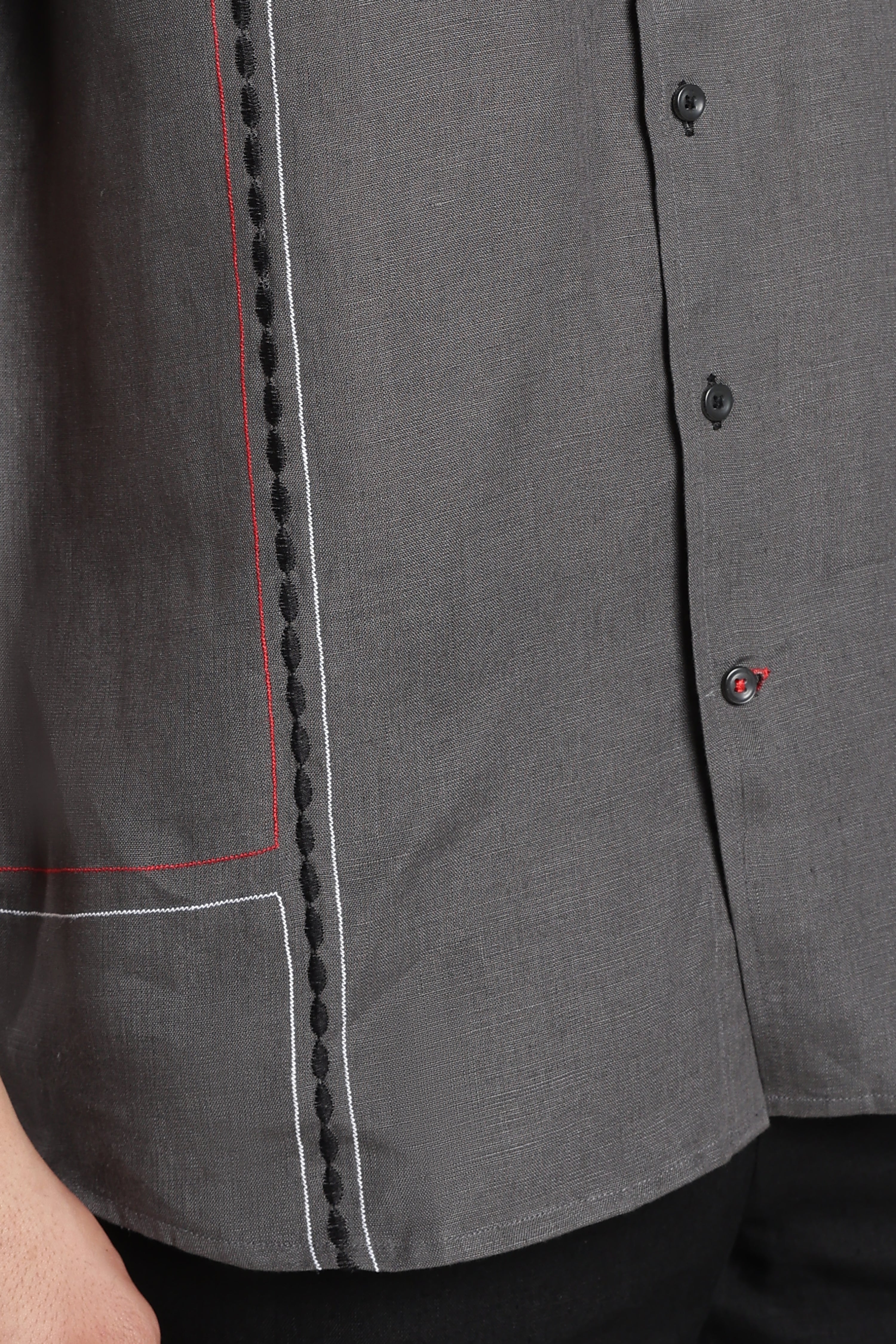 Men’s Charcoal Grey Linen Shirt with Linear Embroidery Detail