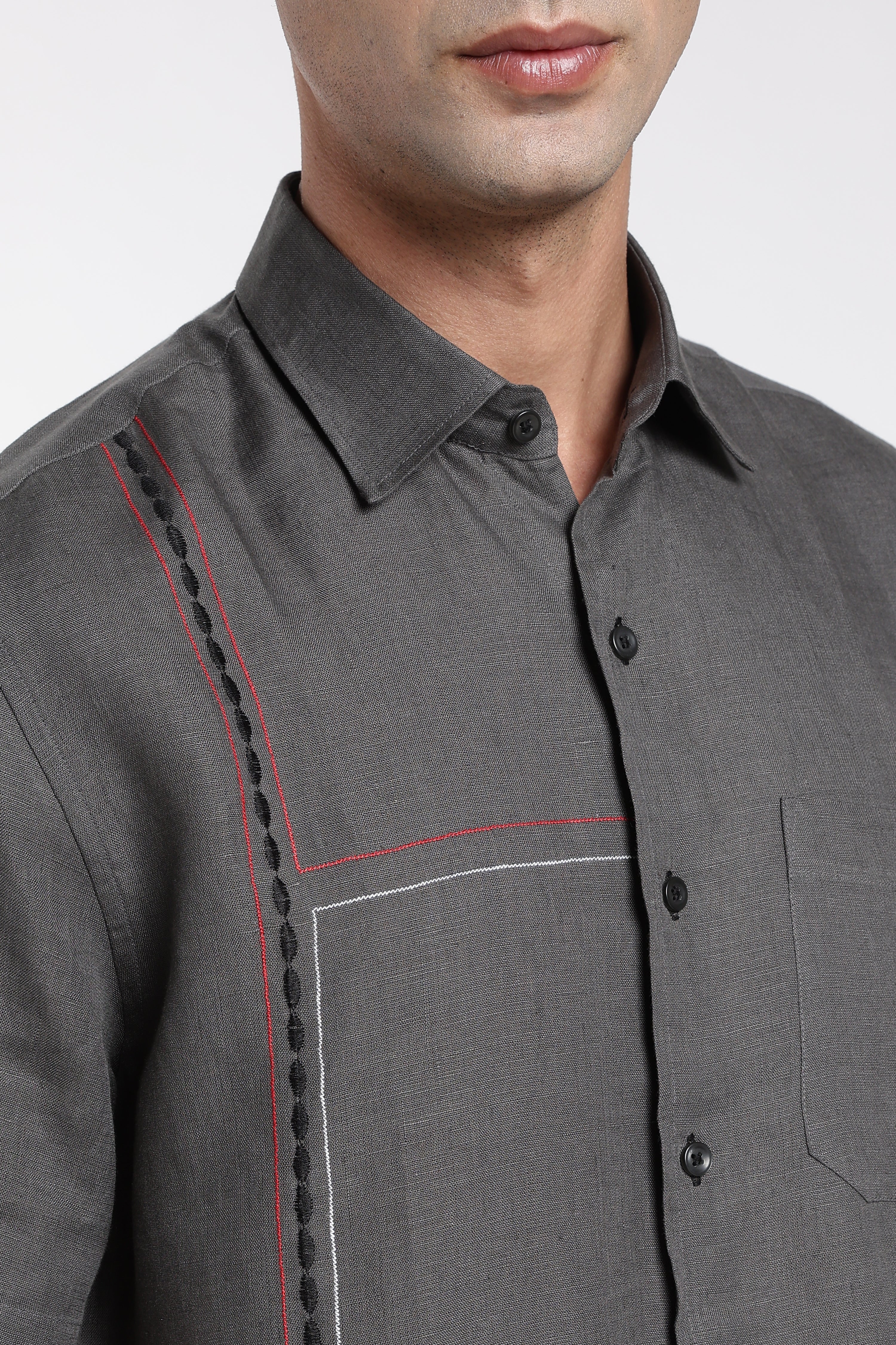 Men’s Charcoal Grey Linen Shirt with Linear Embroidery Detail
