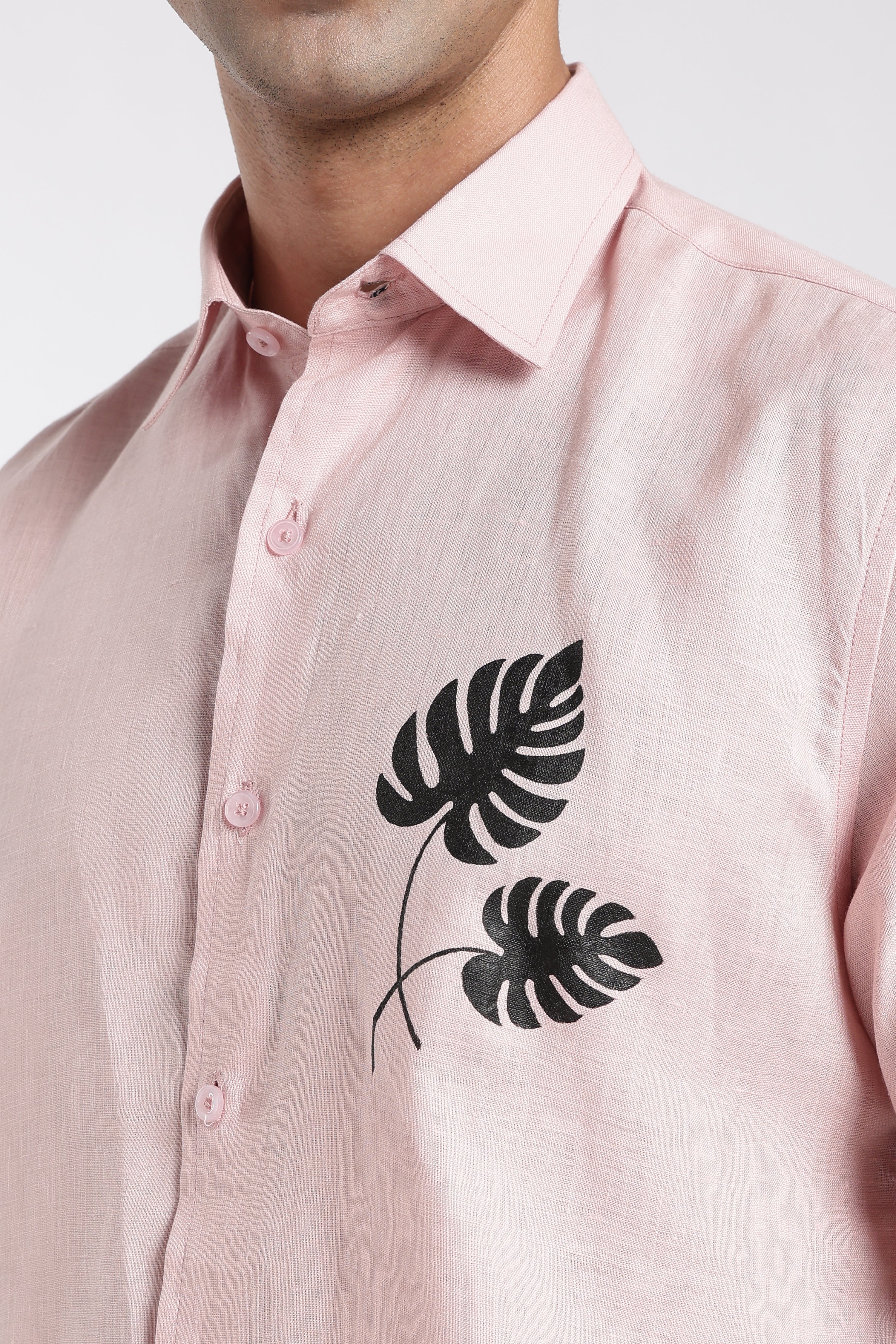 Premium Men’s Light Pink Linen Shirt with Hand-Painted Tropical Leaf Artwork