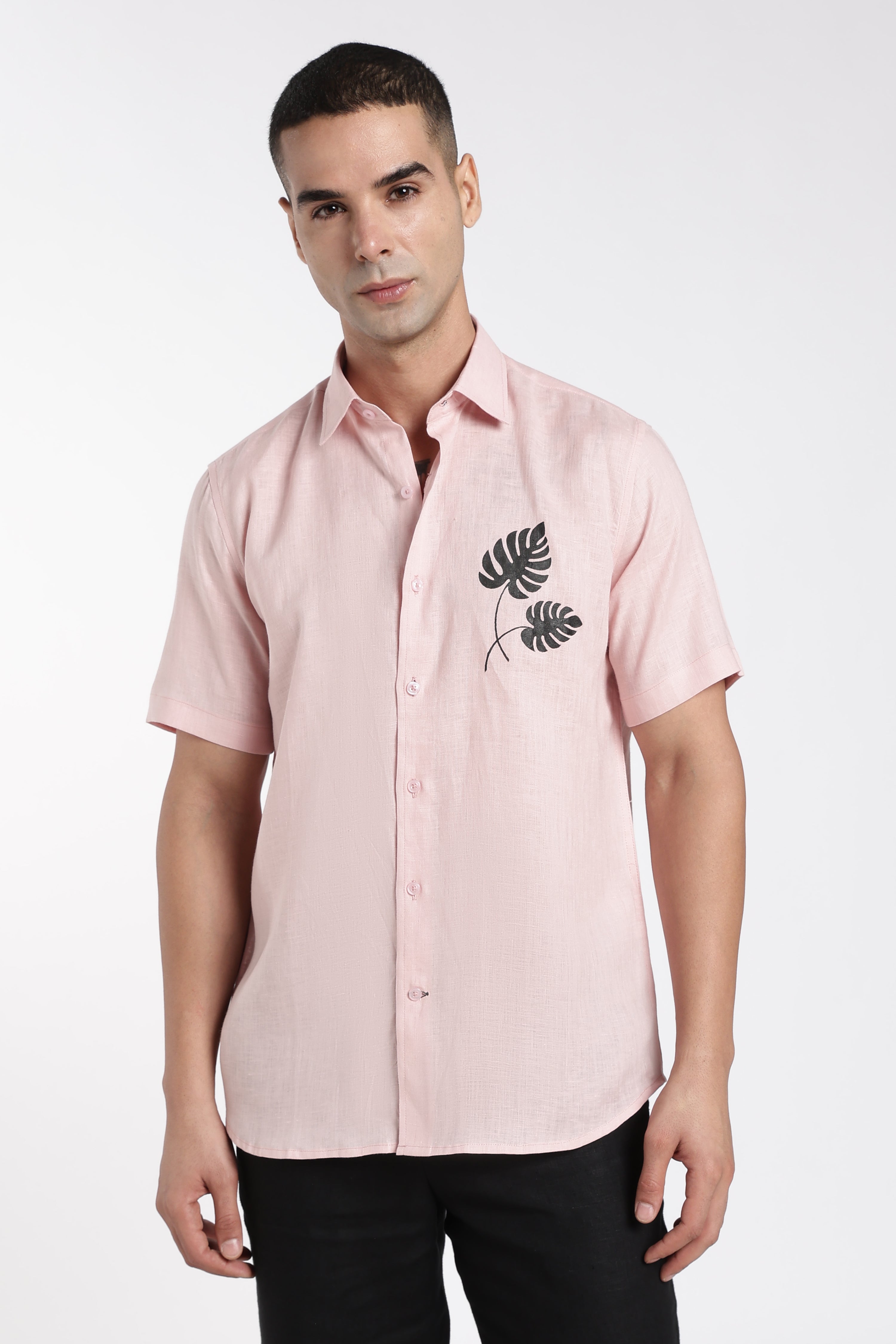 Premium Men’s Light Pink Linen Shirt with Hand-Painted Tropical Leaf Artwork