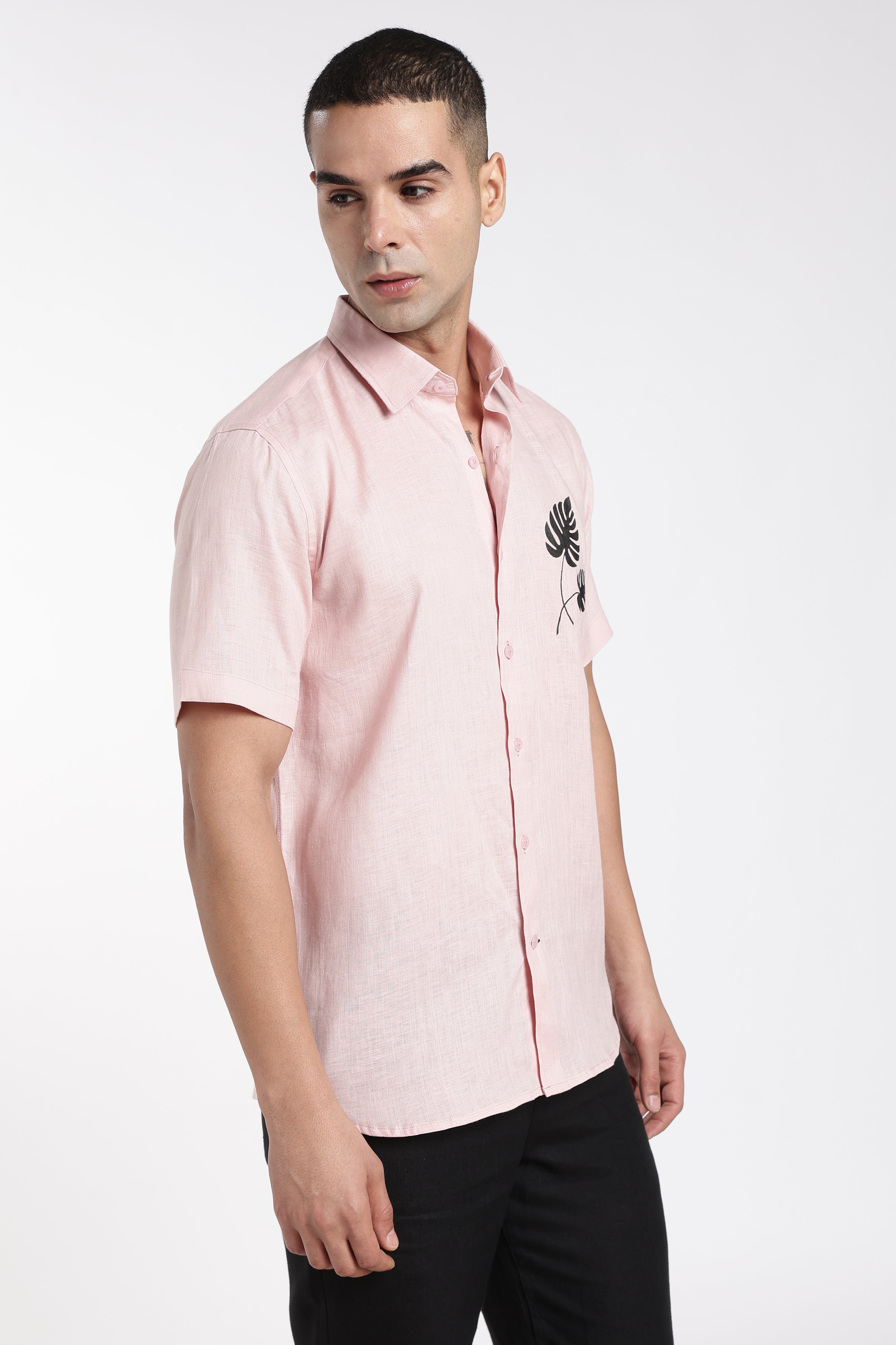Premium Men’s Light Pink Linen Shirt with Hand-Painted Tropical Leaf Artwork