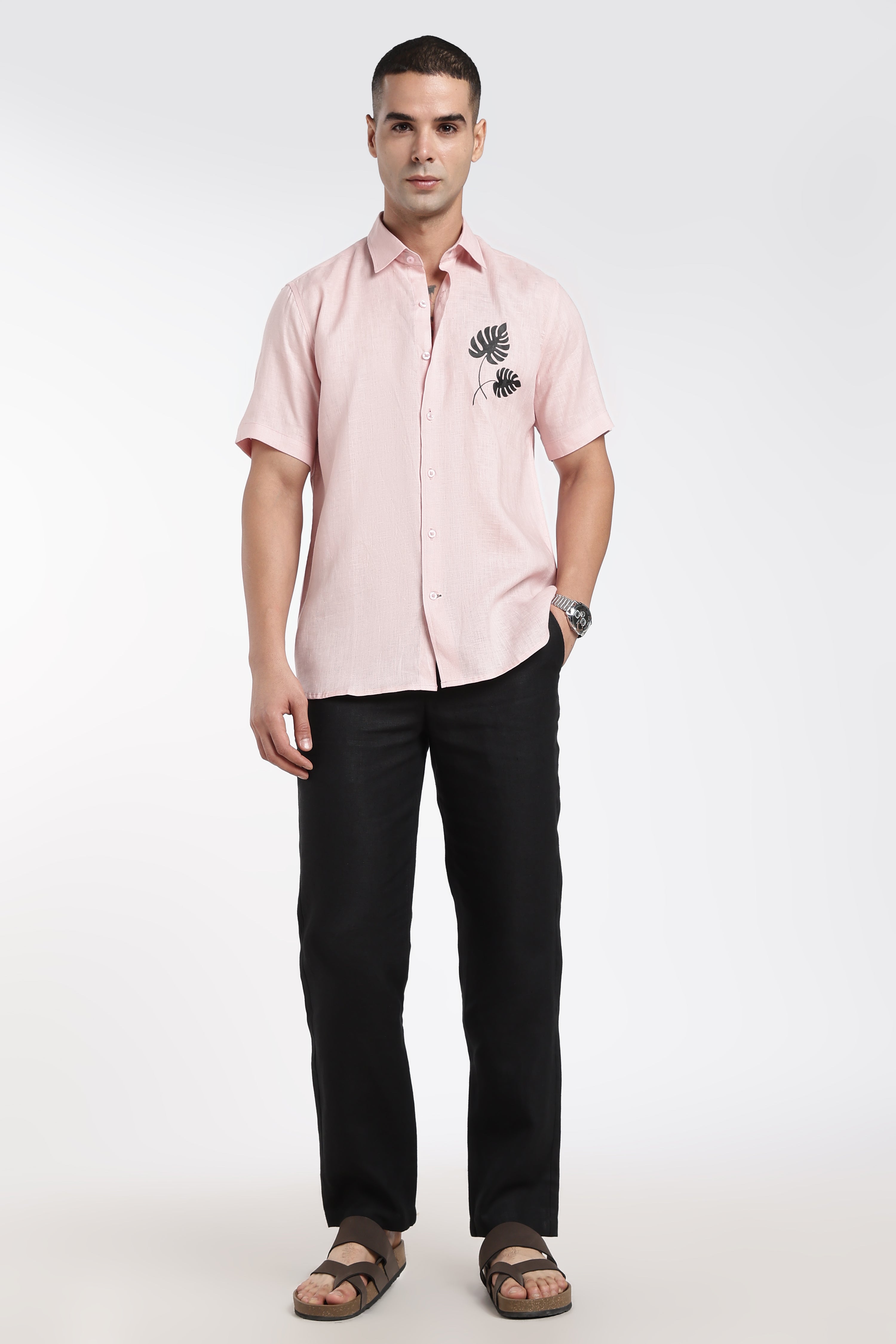 Premium Men’s Light Pink Linen Shirt with Hand-Painted Tropical Leaf Artwork