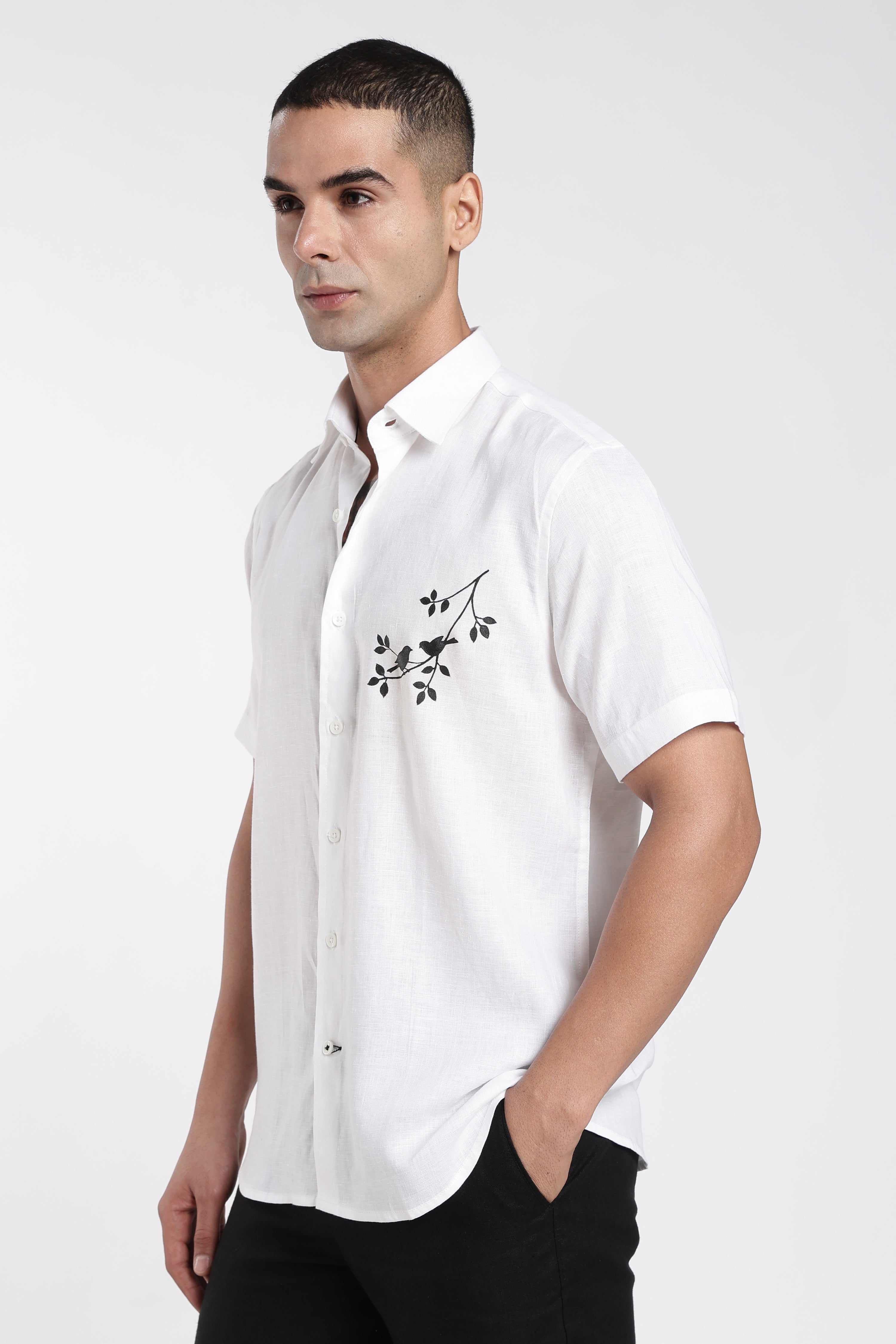Men’s White Linen Shirt with Artistic Bird Hand-Painted Design | Linen Culture