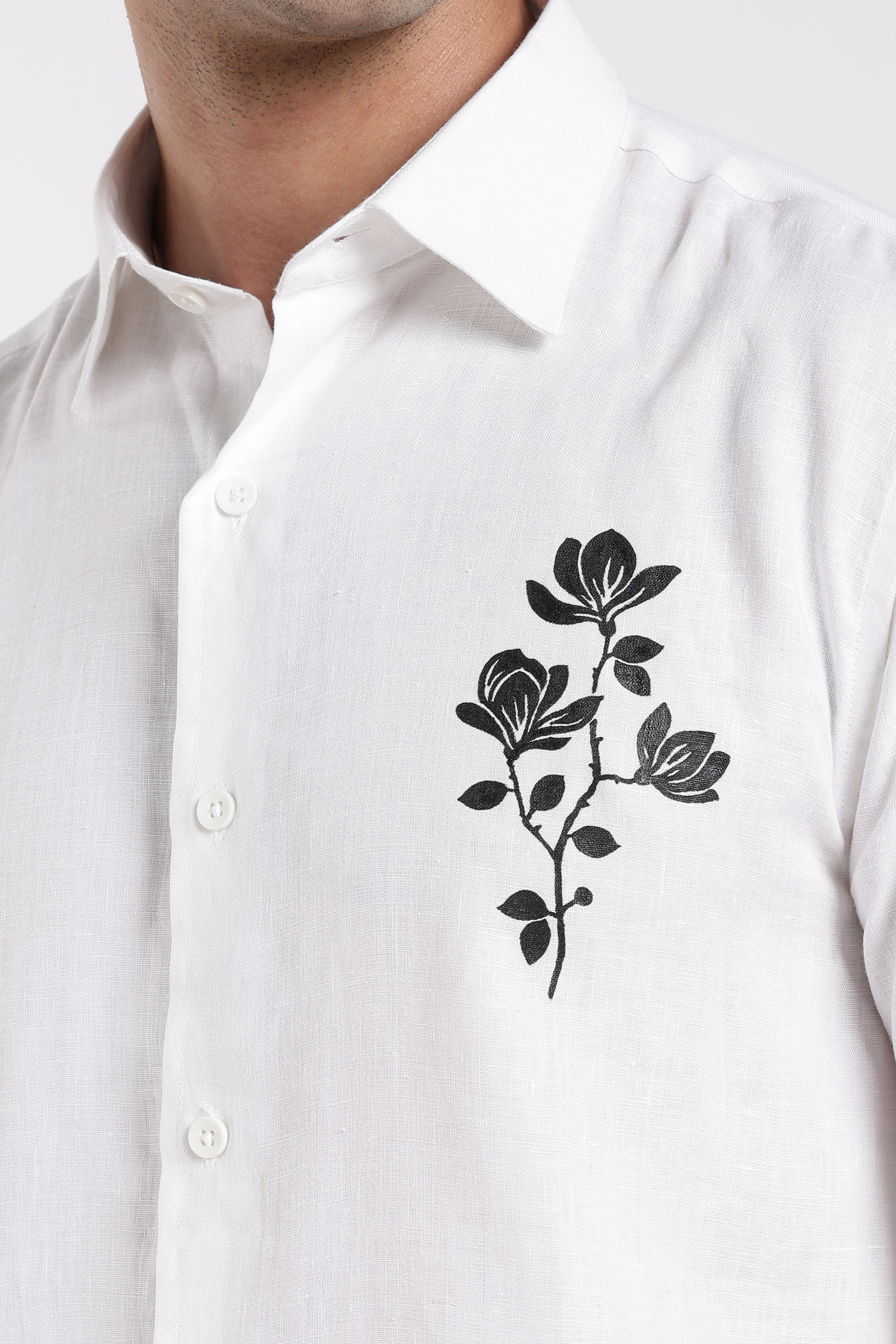 Men’s Premium White Linen Shirt with Hand-Painted Floral Artwork