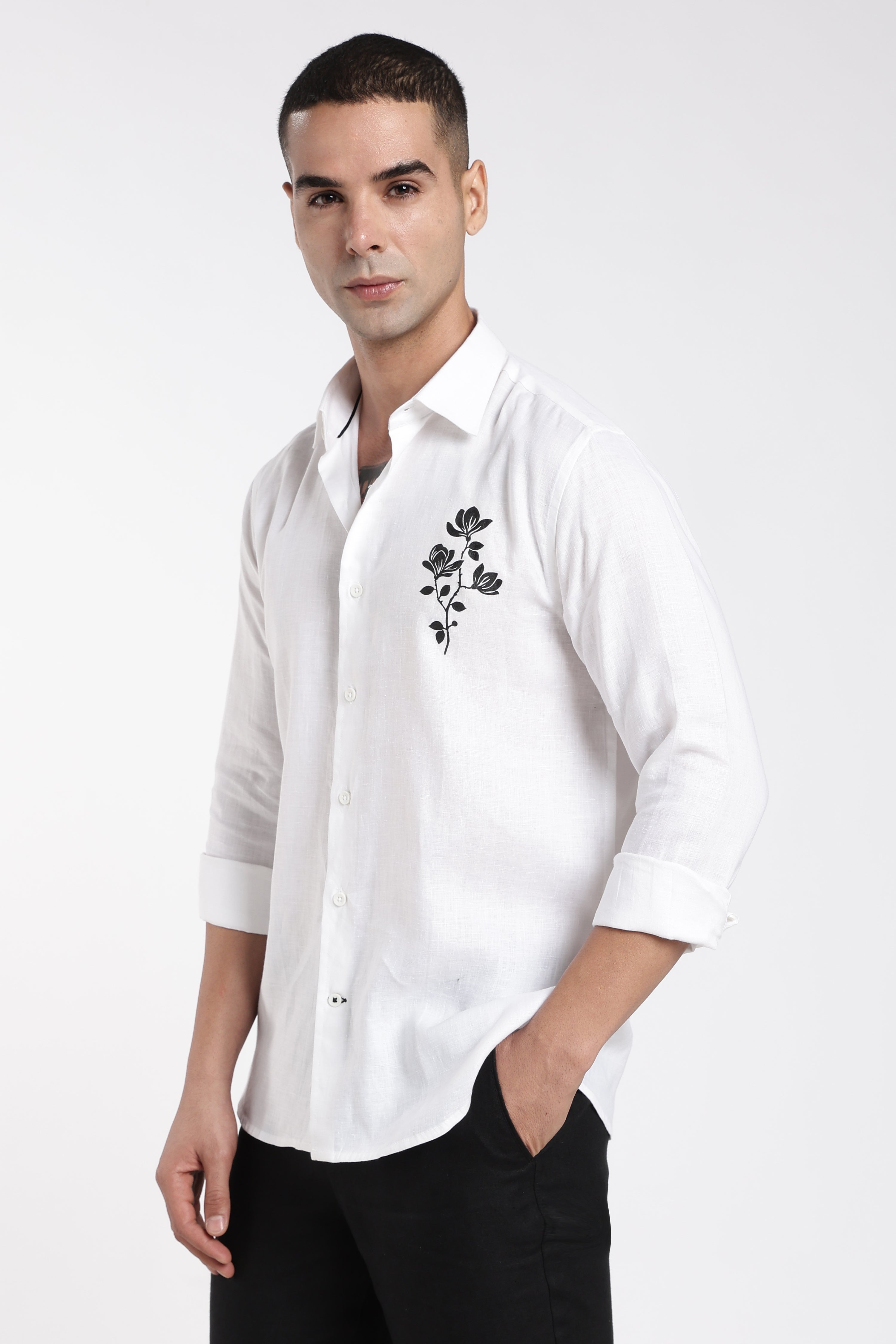 Men’s Premium White Linen Shirt with Hand-Painted Floral Artwork