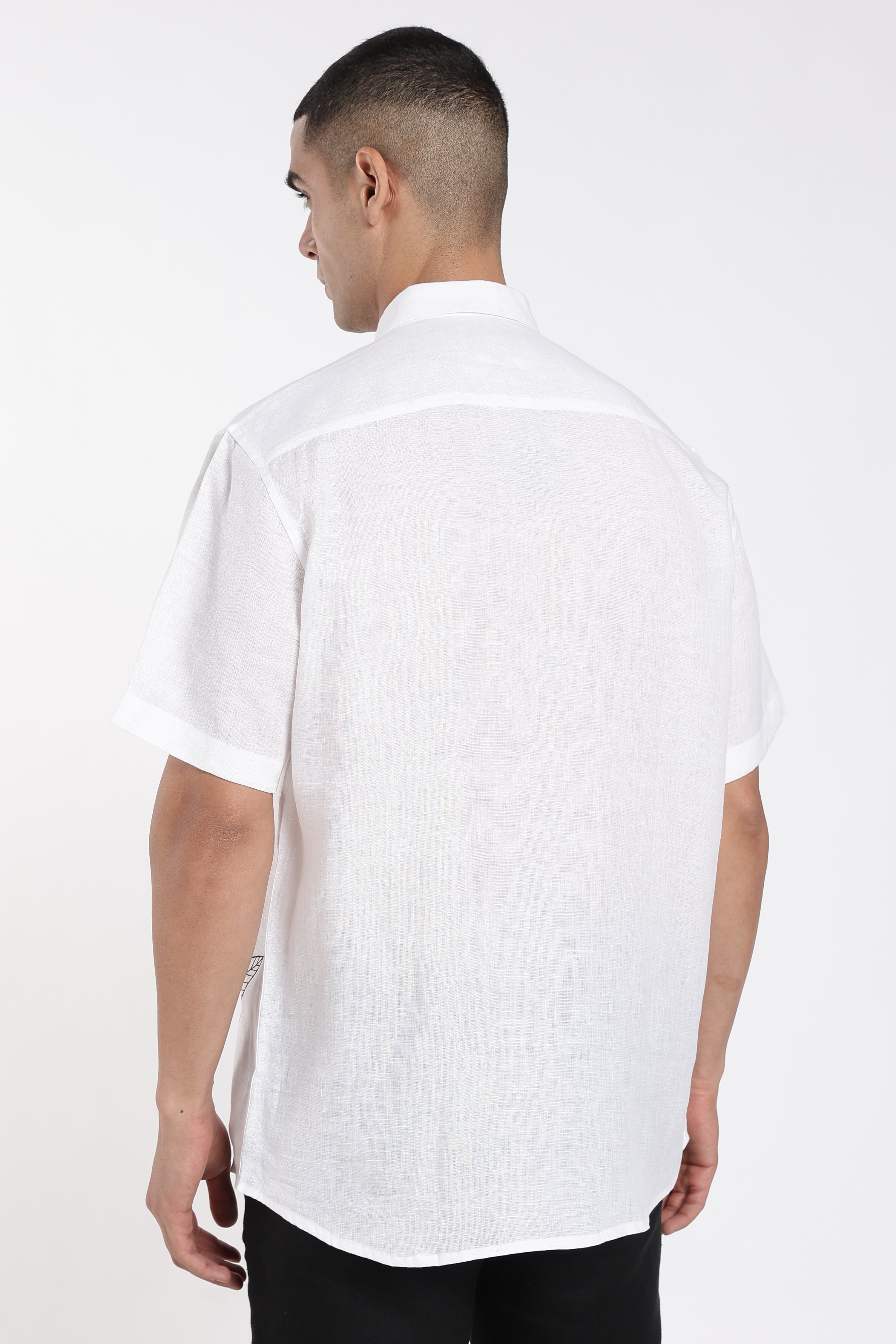 Men’s Premium White Linen Shirt with Minimal Leaf Hand-Painted Artwork
