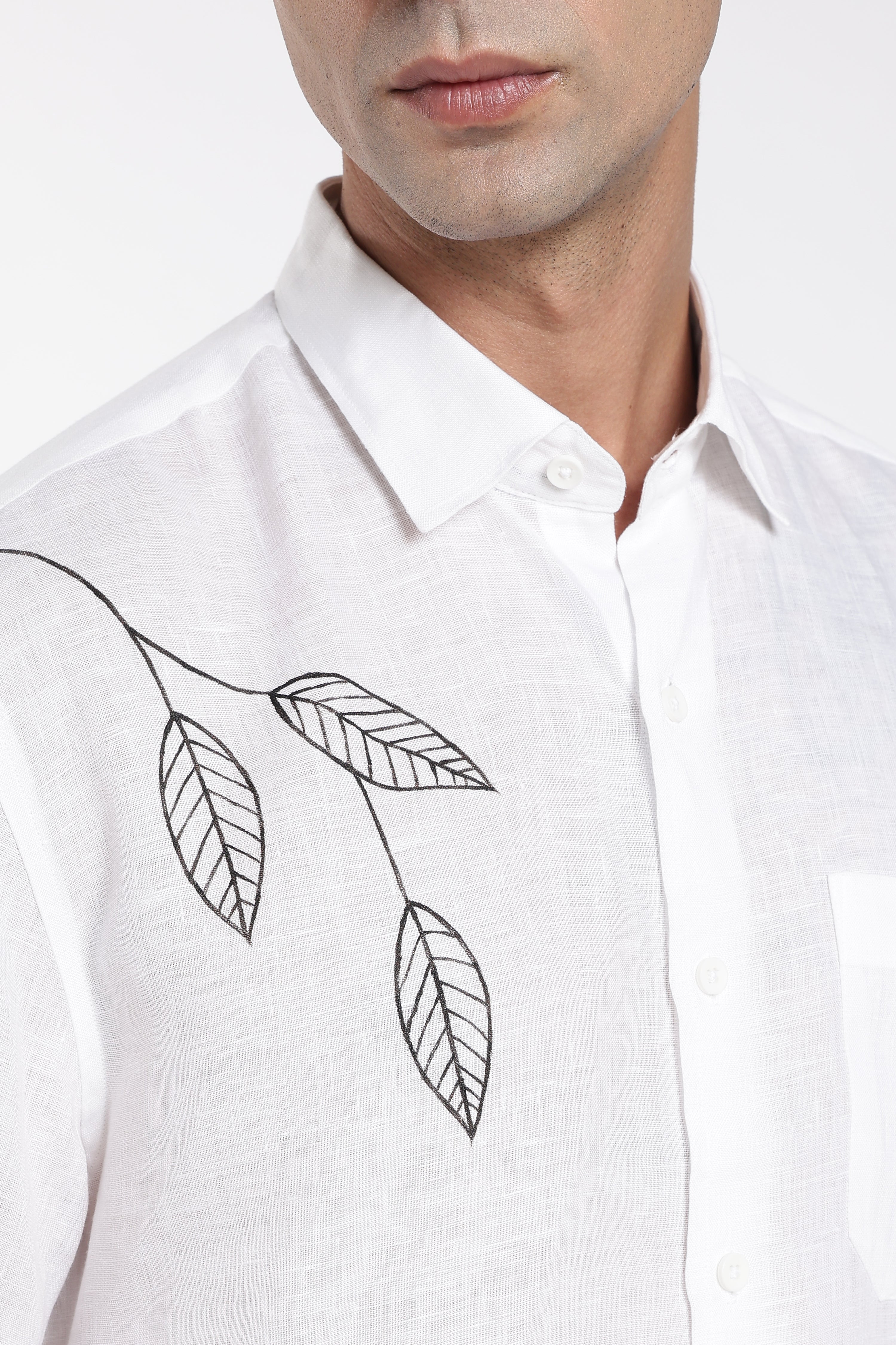 Men’s Premium White Linen Shirt with Minimal Leaf Hand-Painted Artwork