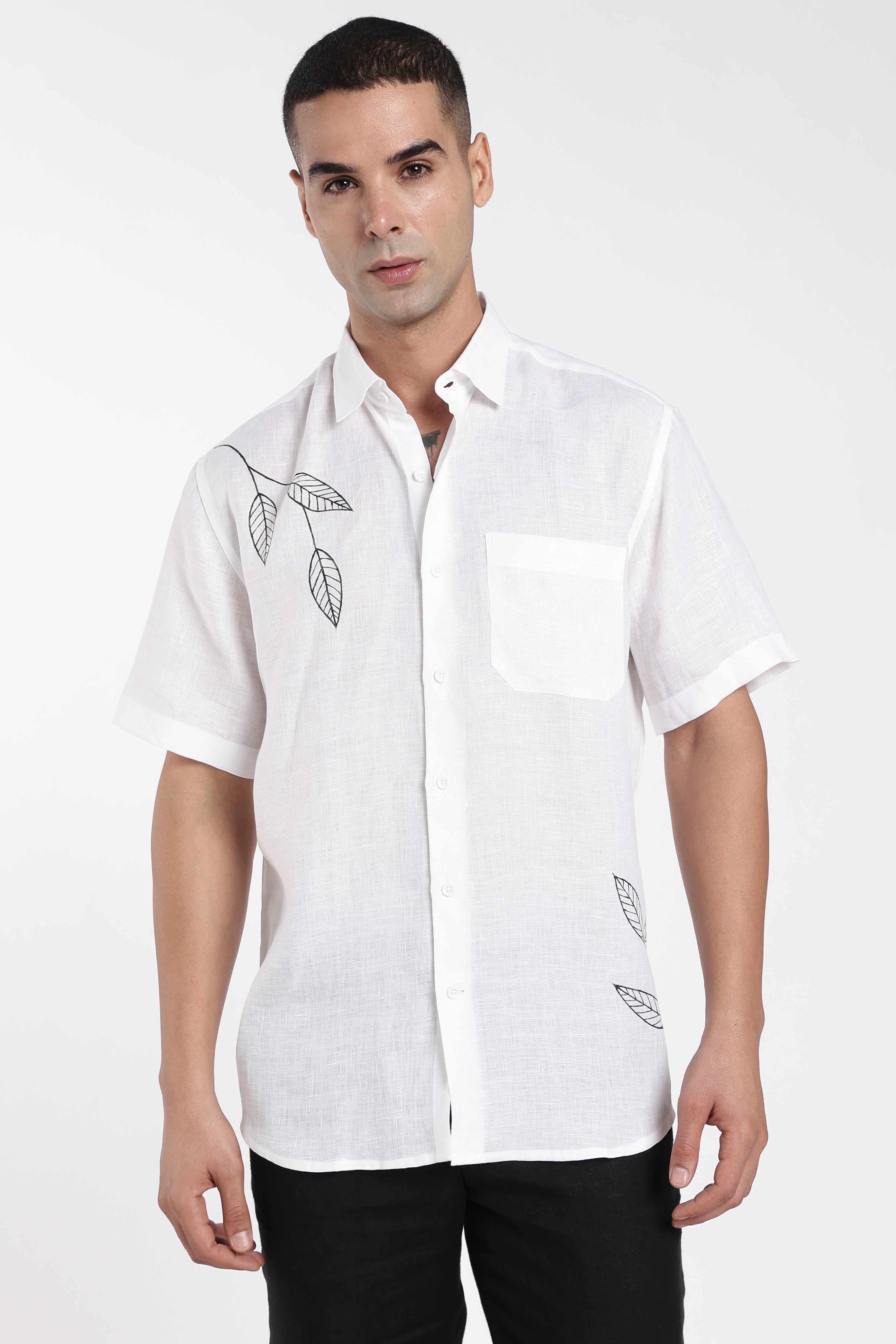 Men’s Premium White Linen Shirt with Minimal Leaf Hand-Painted Artwork