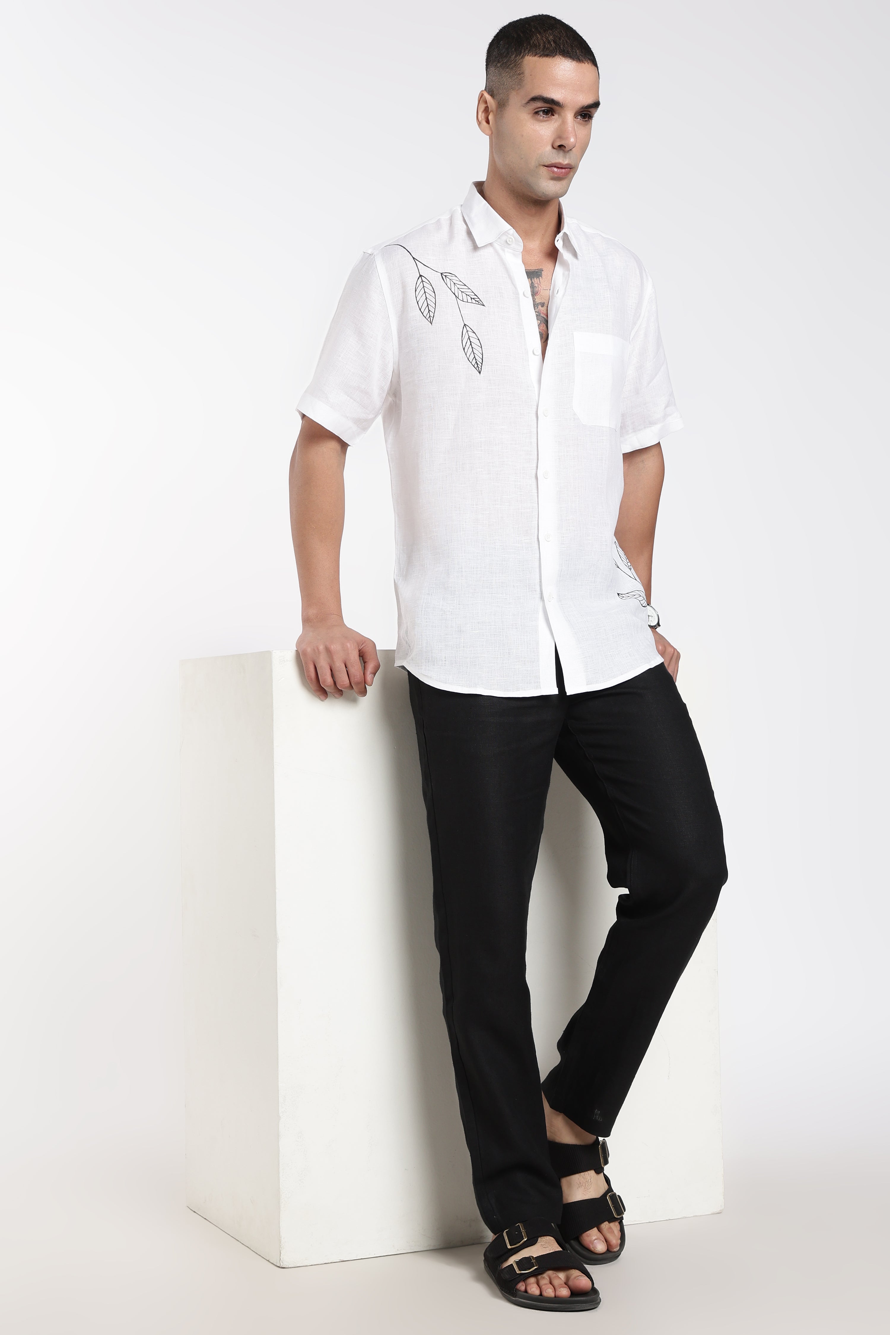 Men’s Premium White Linen Shirt with Minimal Leaf Hand-Painted Artwork