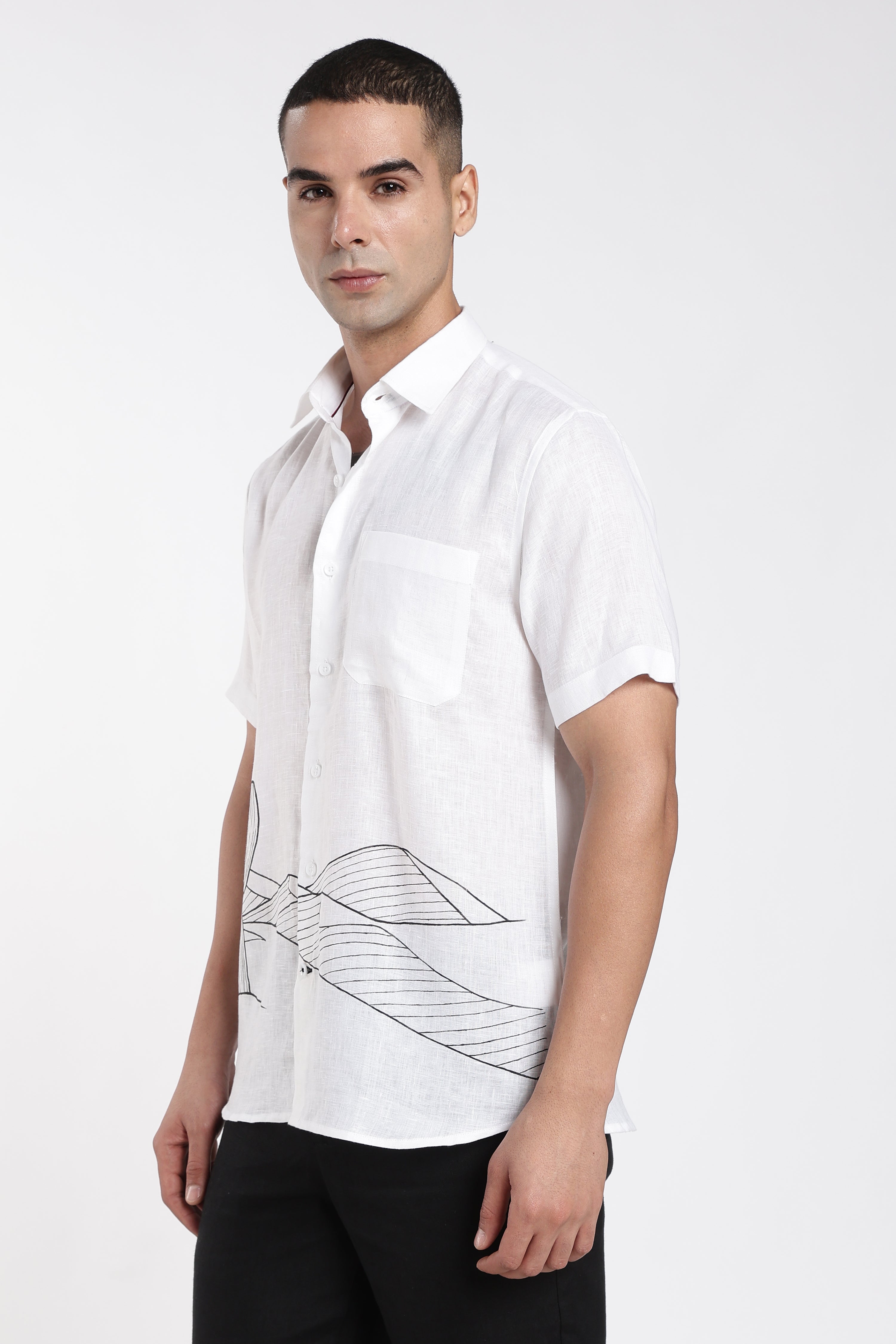 Men’s Premium White Linen Shirt with Hand-Painted Desert Landscape Artwork