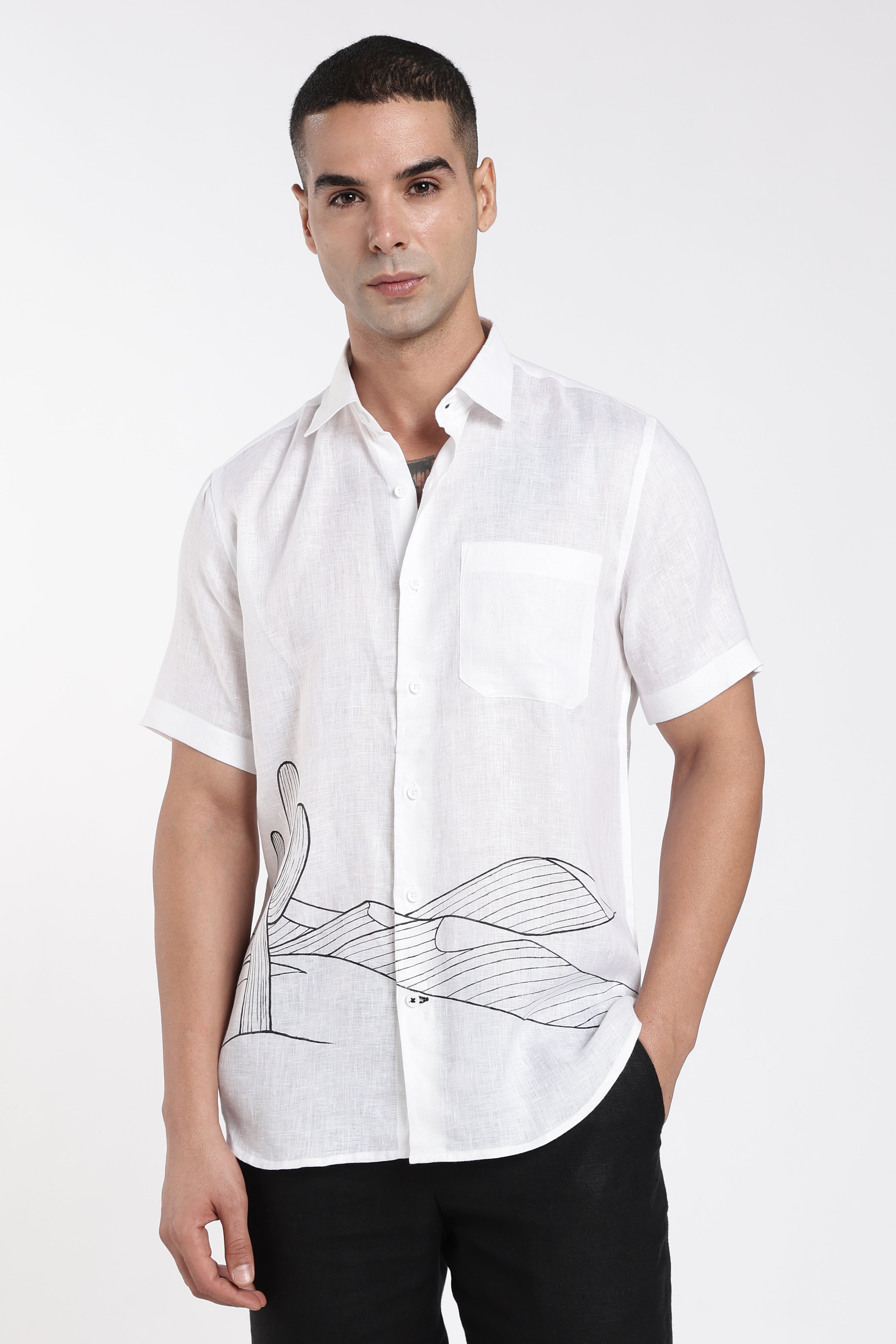 Men’s Premium White Linen Shirt with Hand-Painted Desert Landscape Artwork