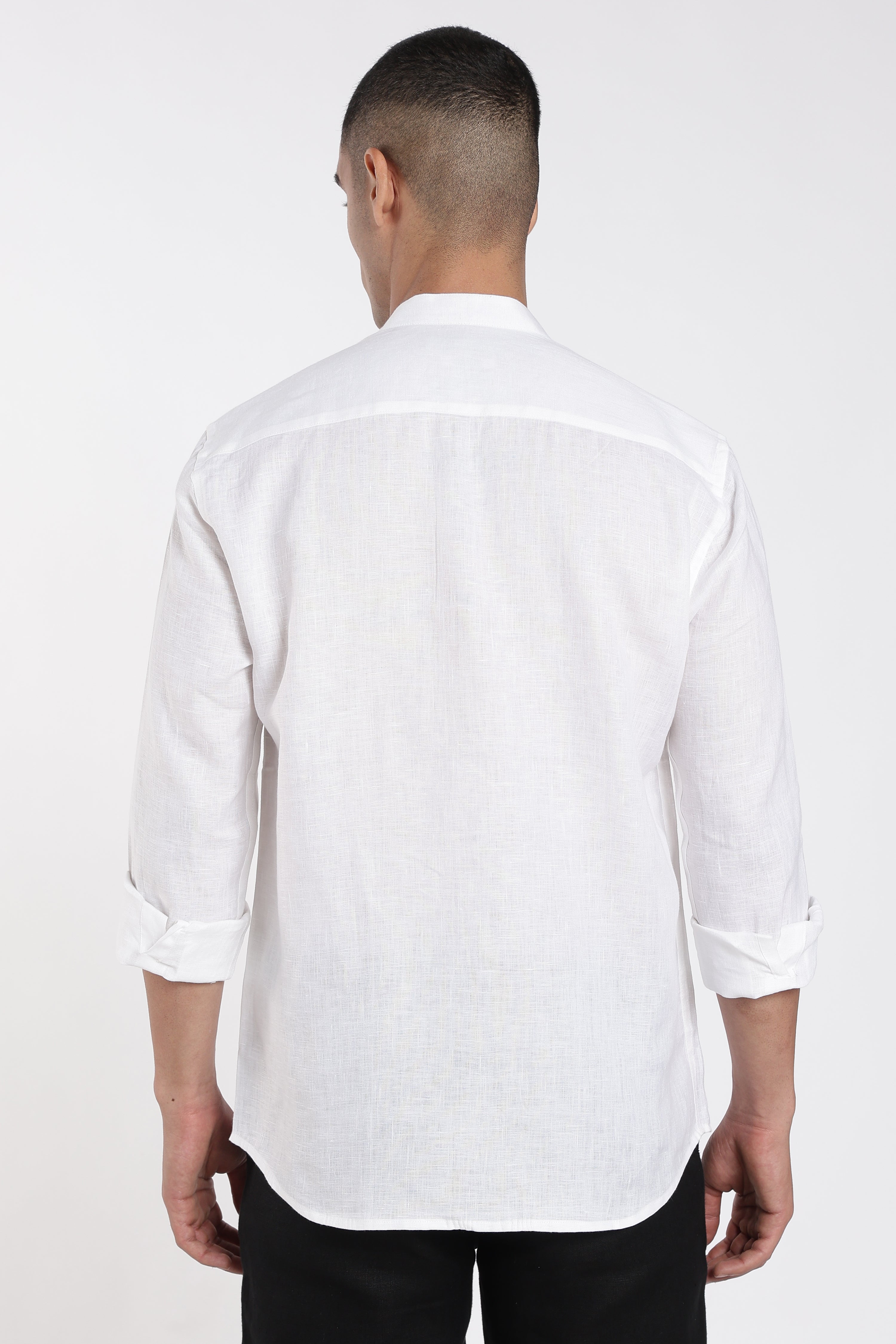 Men’s Premium White Linen Mandarin Collar Shirt with Hand-Painted Abstract Bird Artwork