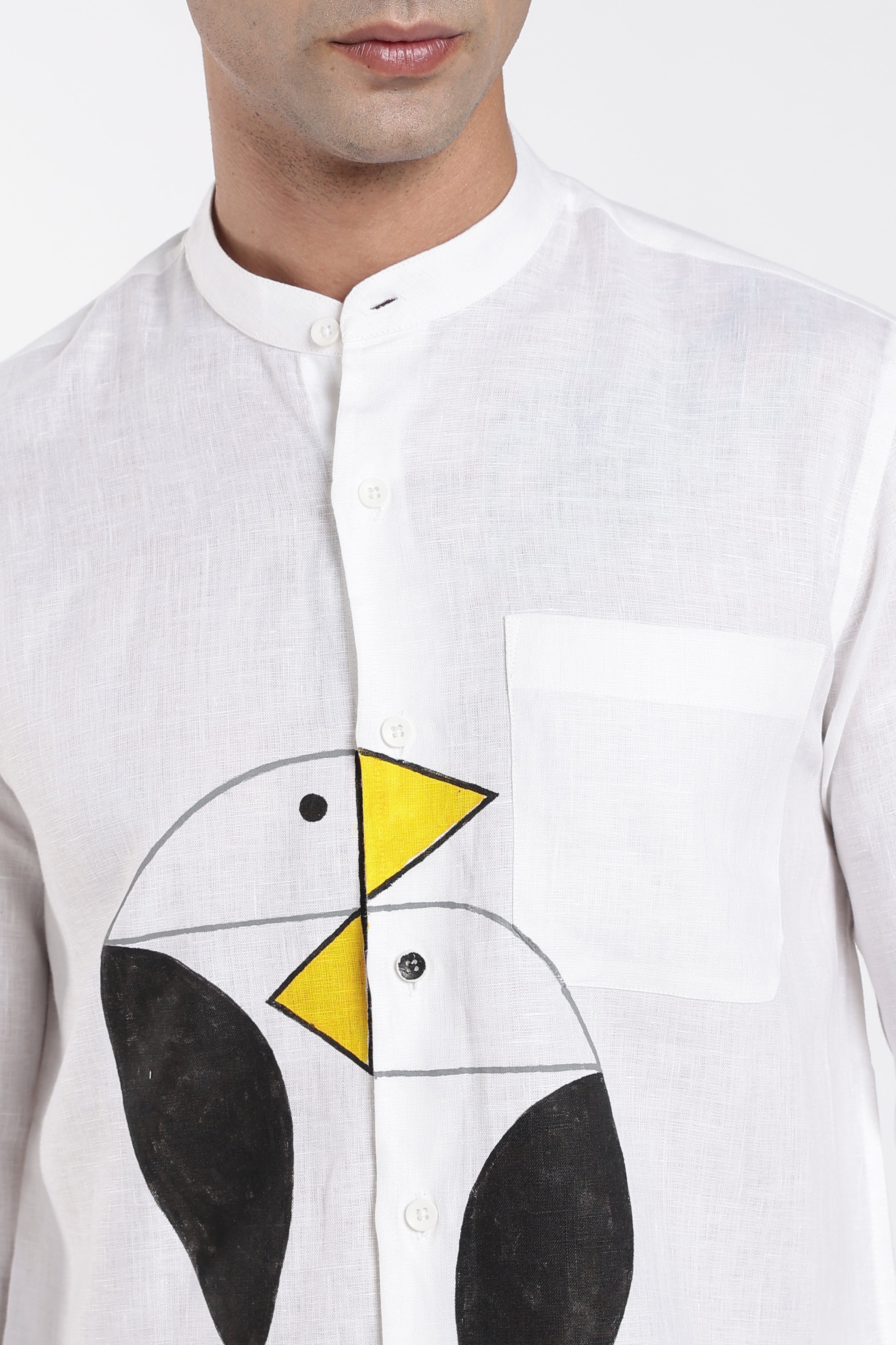 Men’s Premium White Linen Mandarin Collar Shirt with Hand-Painted Abstract Bird Artwork