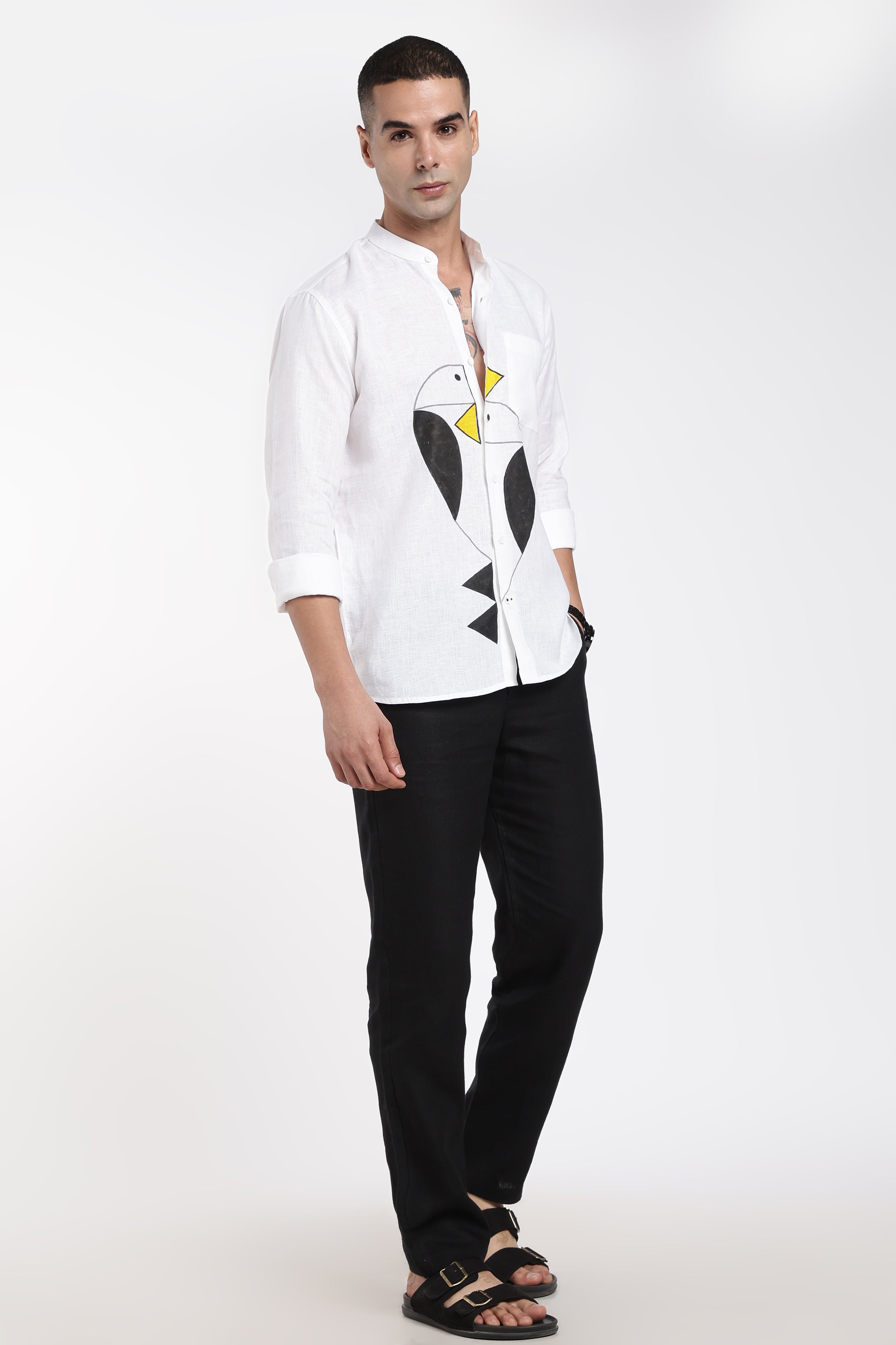 Men’s Premium White Linen Mandarin Collar Shirt with Hand-Painted Abstract Bird Artwork