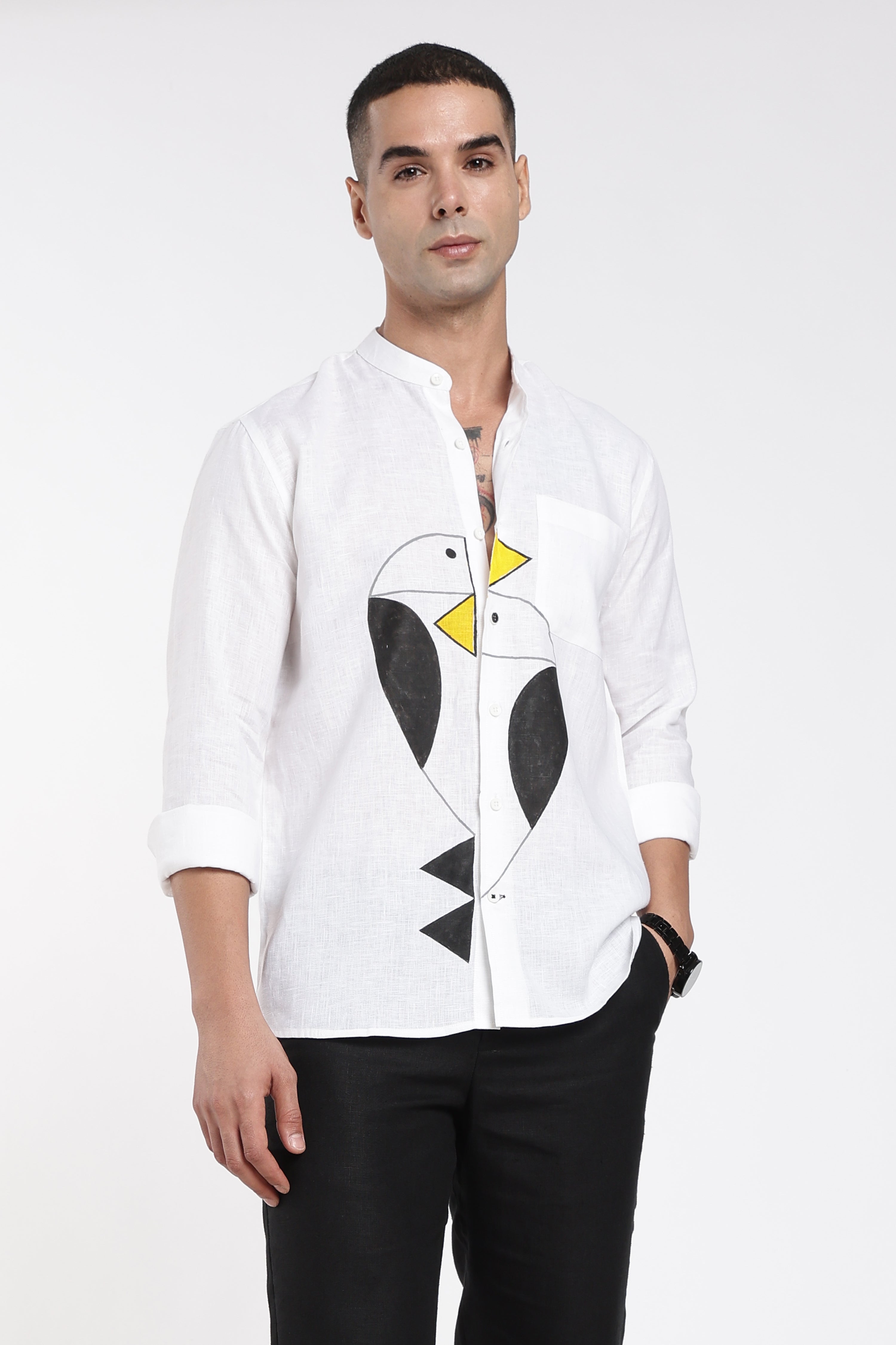 Men’s Premium White Linen Mandarin Collar Shirt with Hand-Painted Abstract Bird Artwork