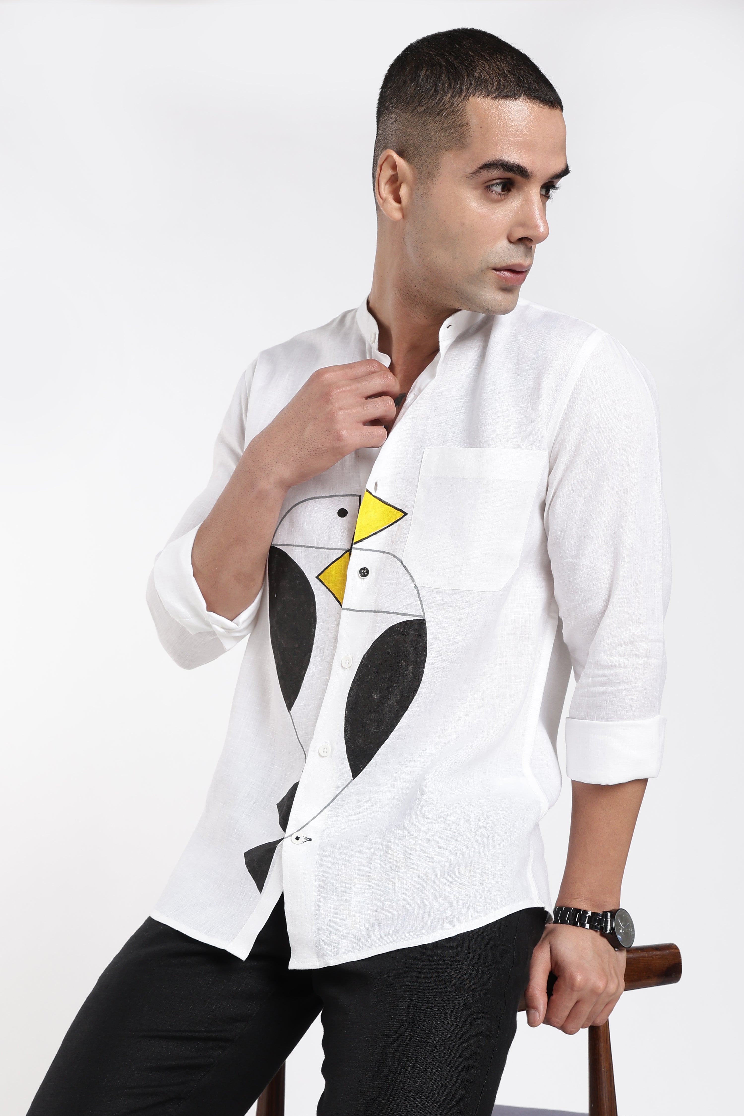 Men’s Premium White Linen Mandarin Collar Shirt with Hand-Painted Abstract Bird Artwork