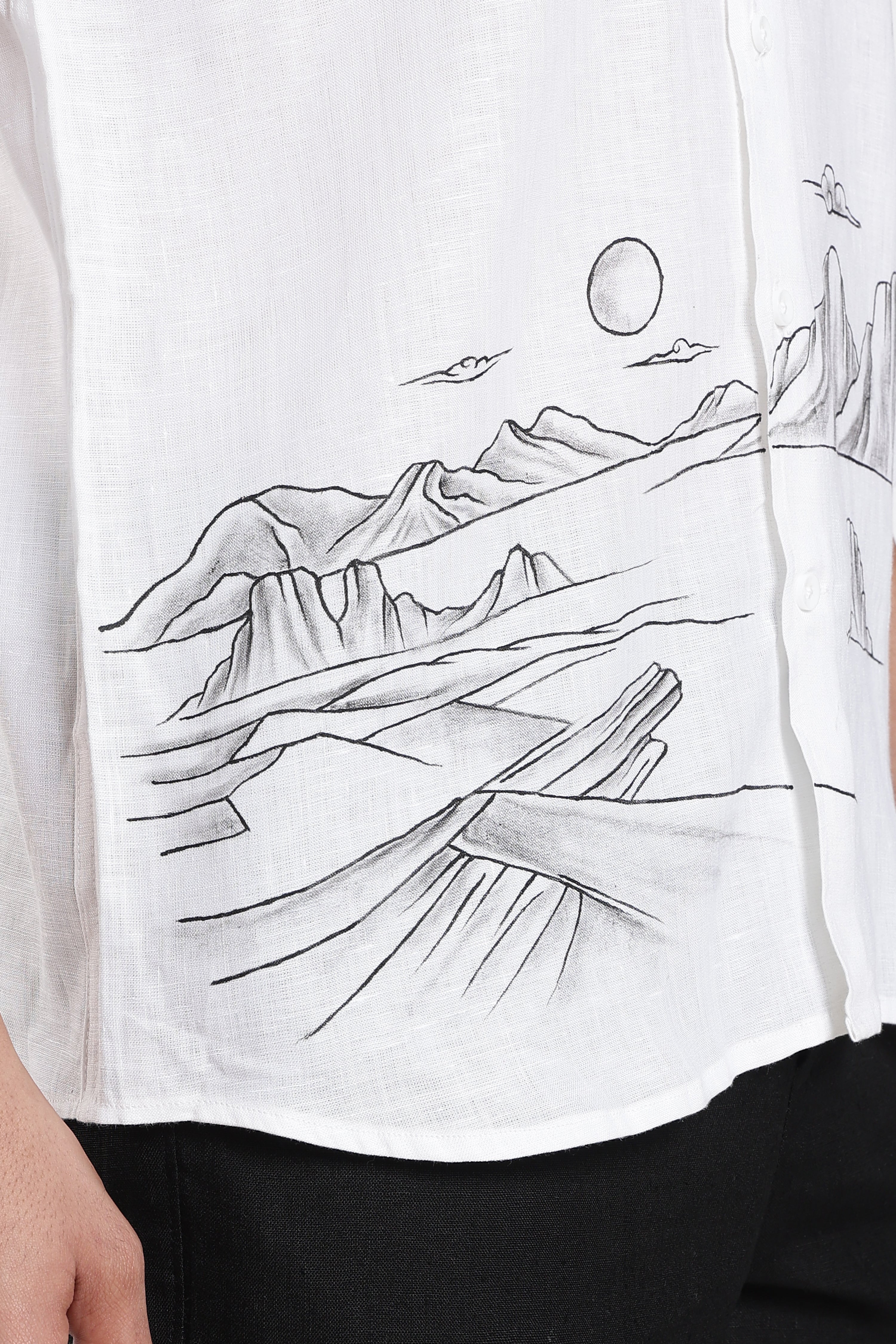 Men’s White Hand-Painted Linen Shirt with Desert Landscape Artwork