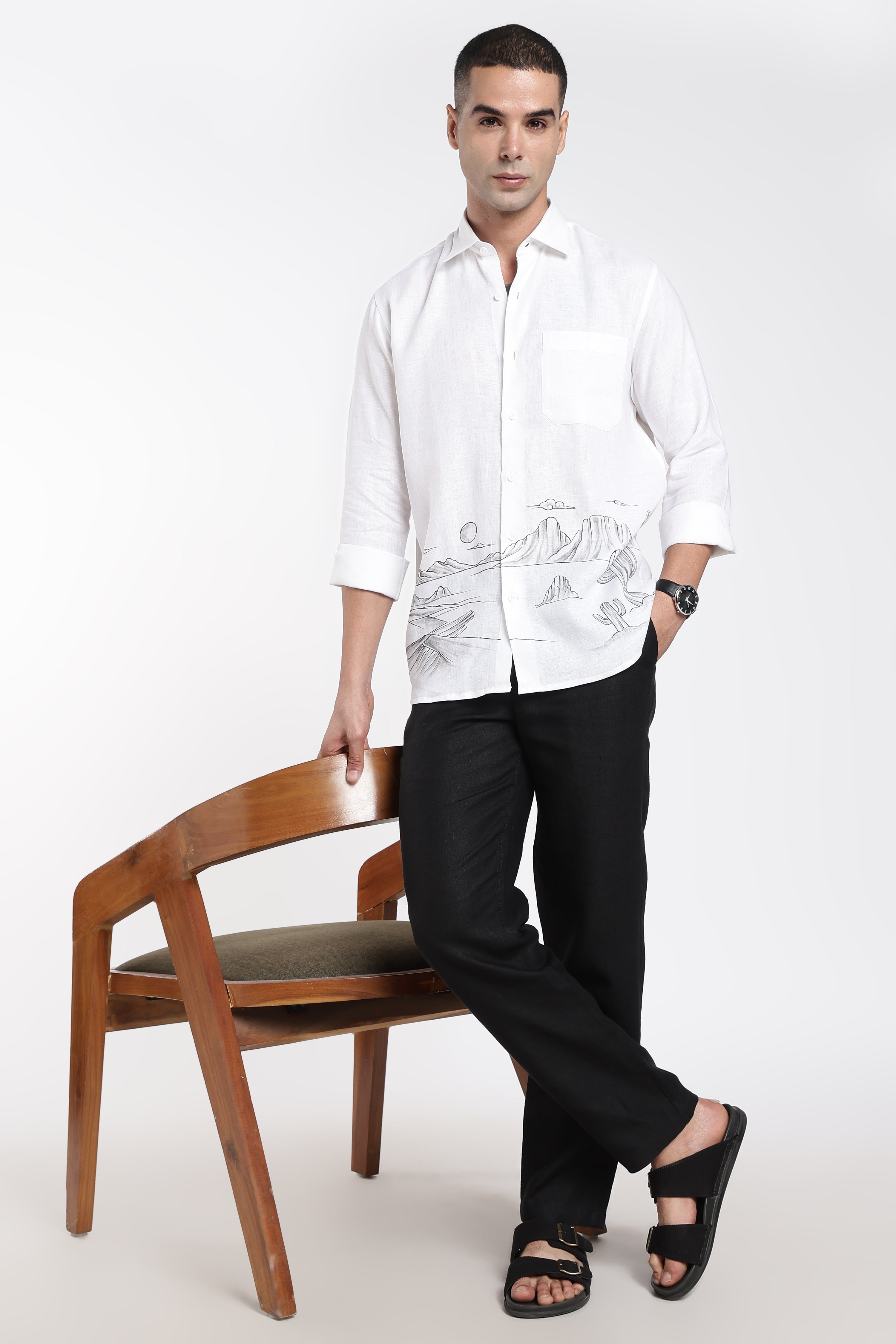 Men’s White Hand-Painted Linen Shirt with Desert Landscape Artwork
