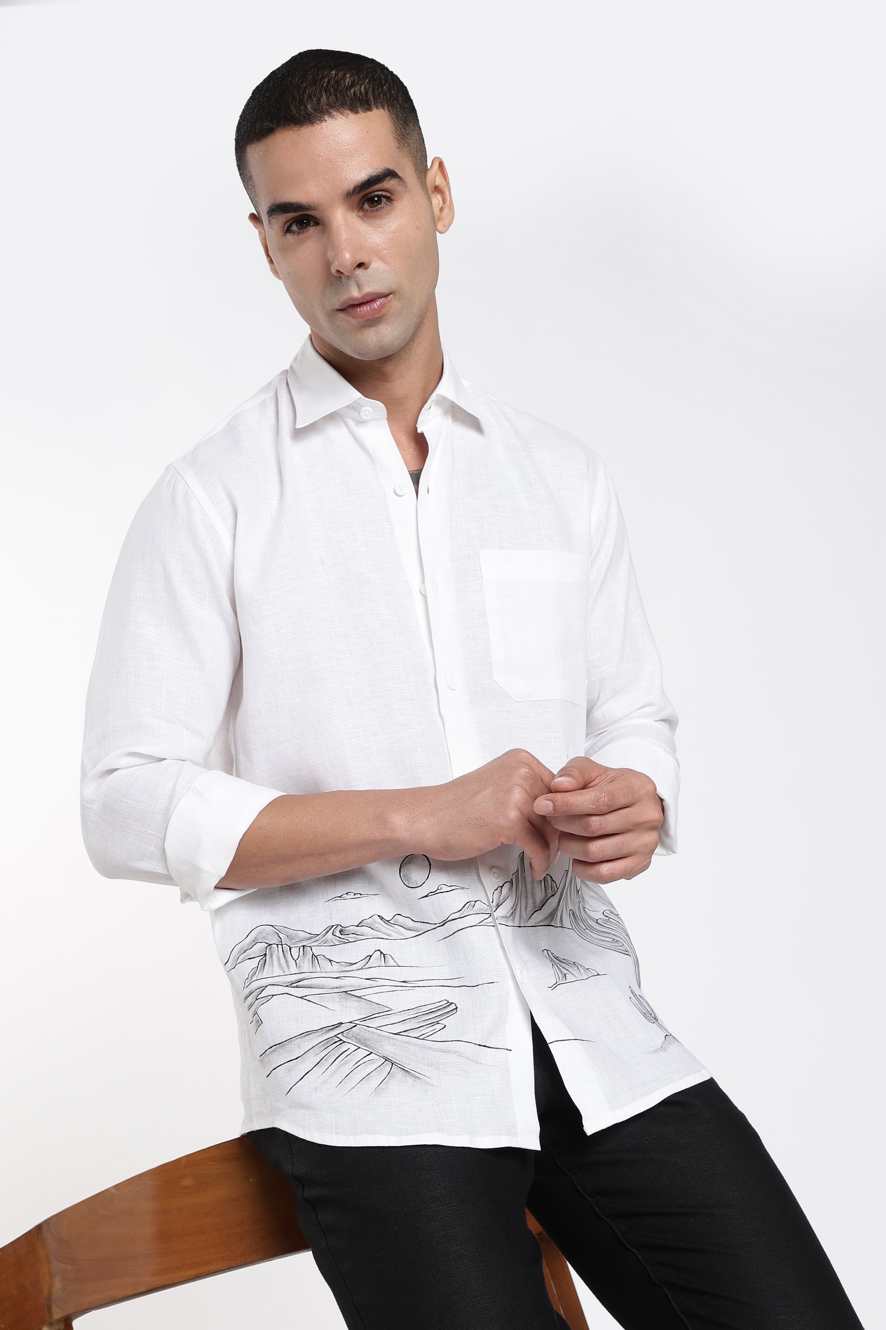 Men’s White Hand-Painted Linen Shirt with Desert Landscape Artwork
