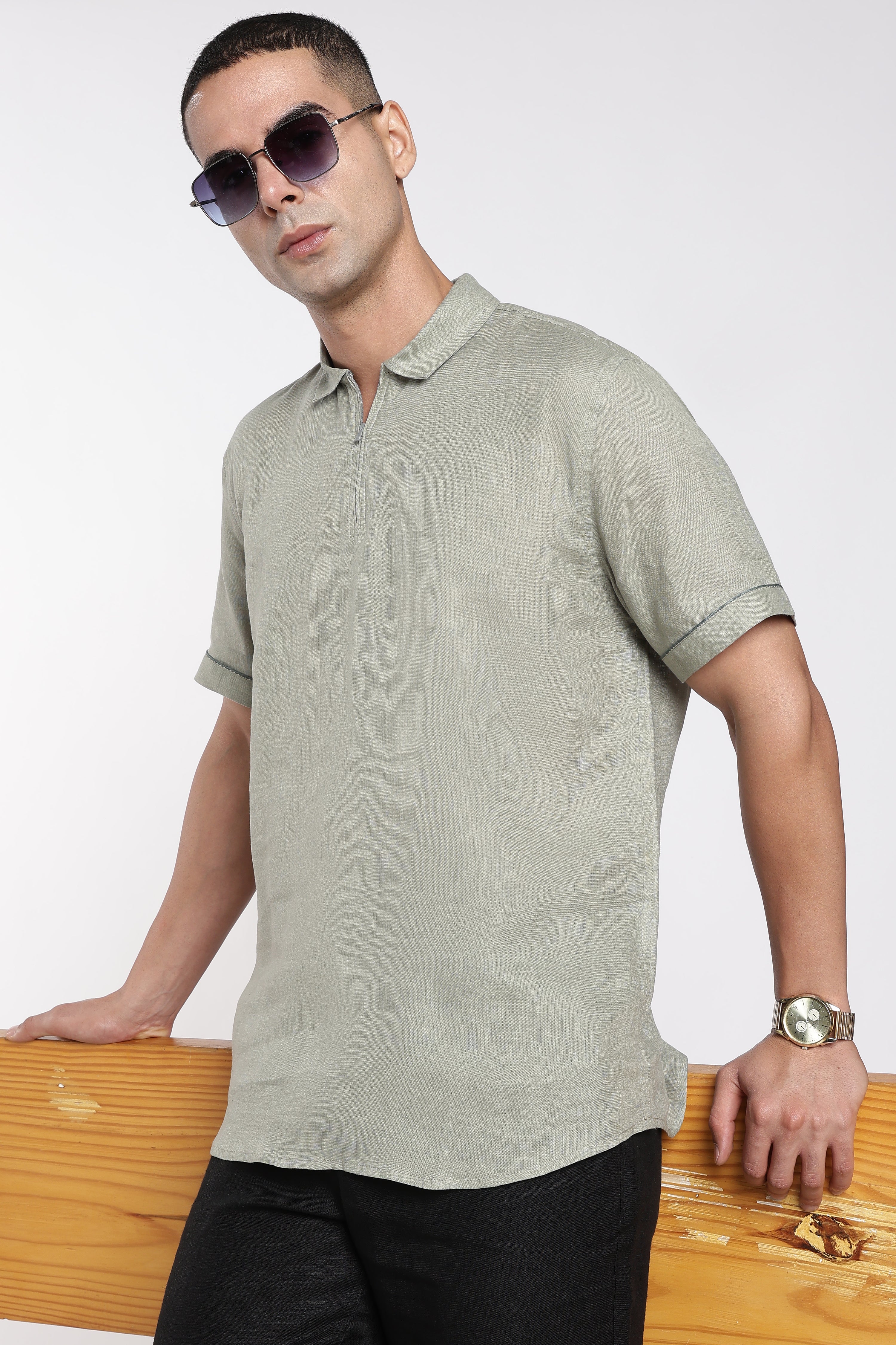 Premium Men’s Sage Green Linen Polo T-Shirt | Linen Culture