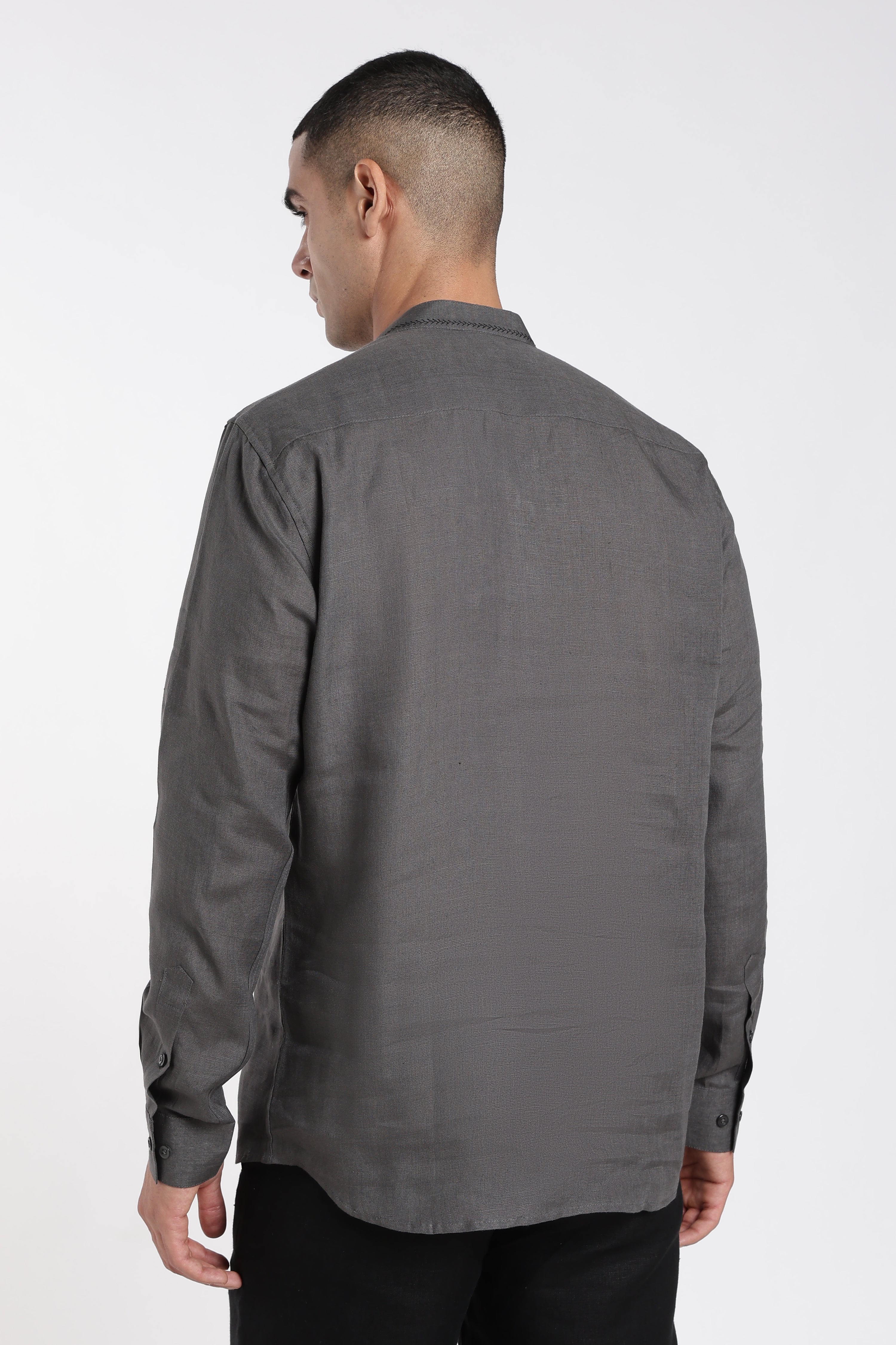 Men’s Charcoal Grey Linen Half Placket Mandarin Collar Short Kurta | Linen Culture