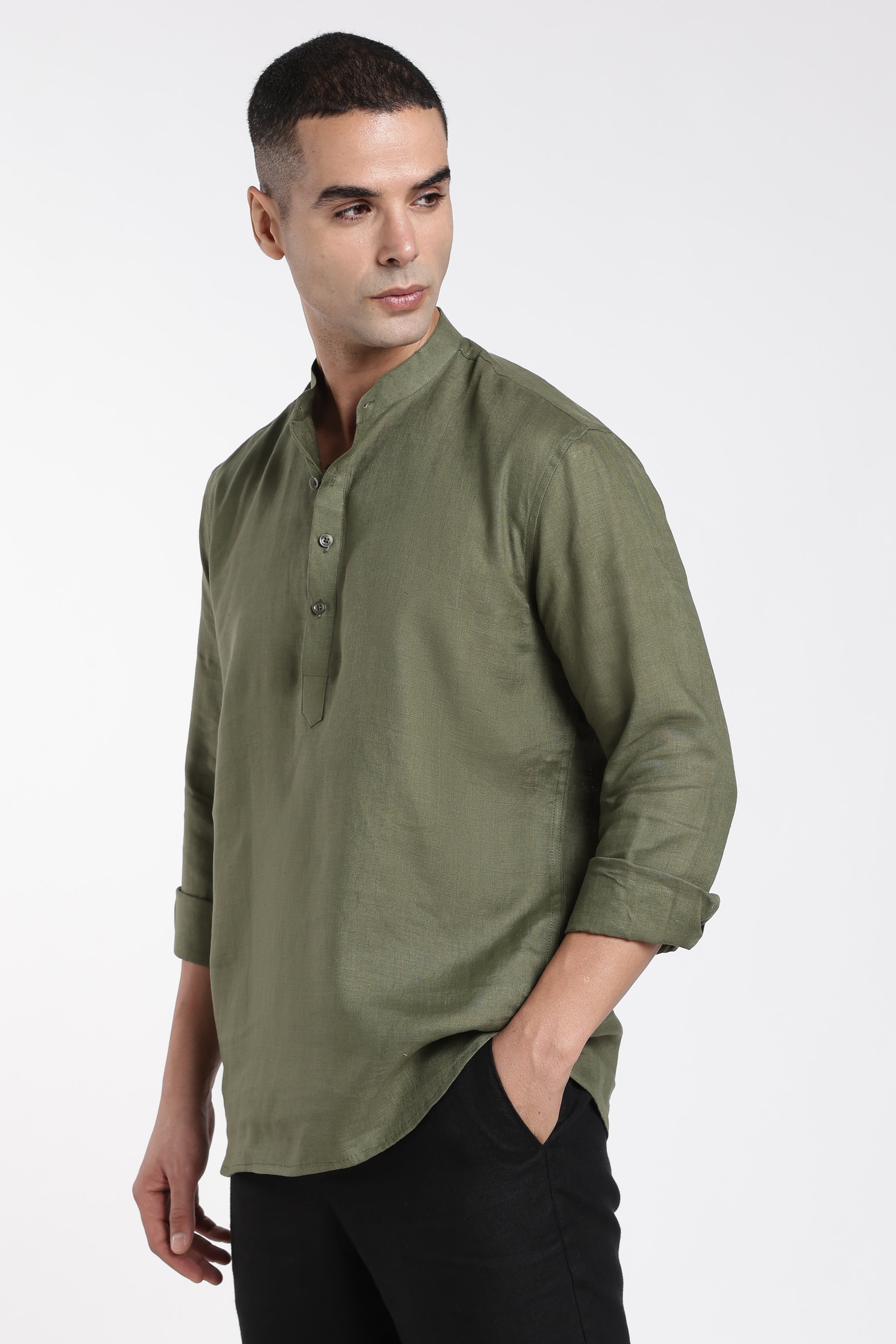 Men’s Olive Green Linen Half Placket Mandarin Collar Kurta | Linen Culture