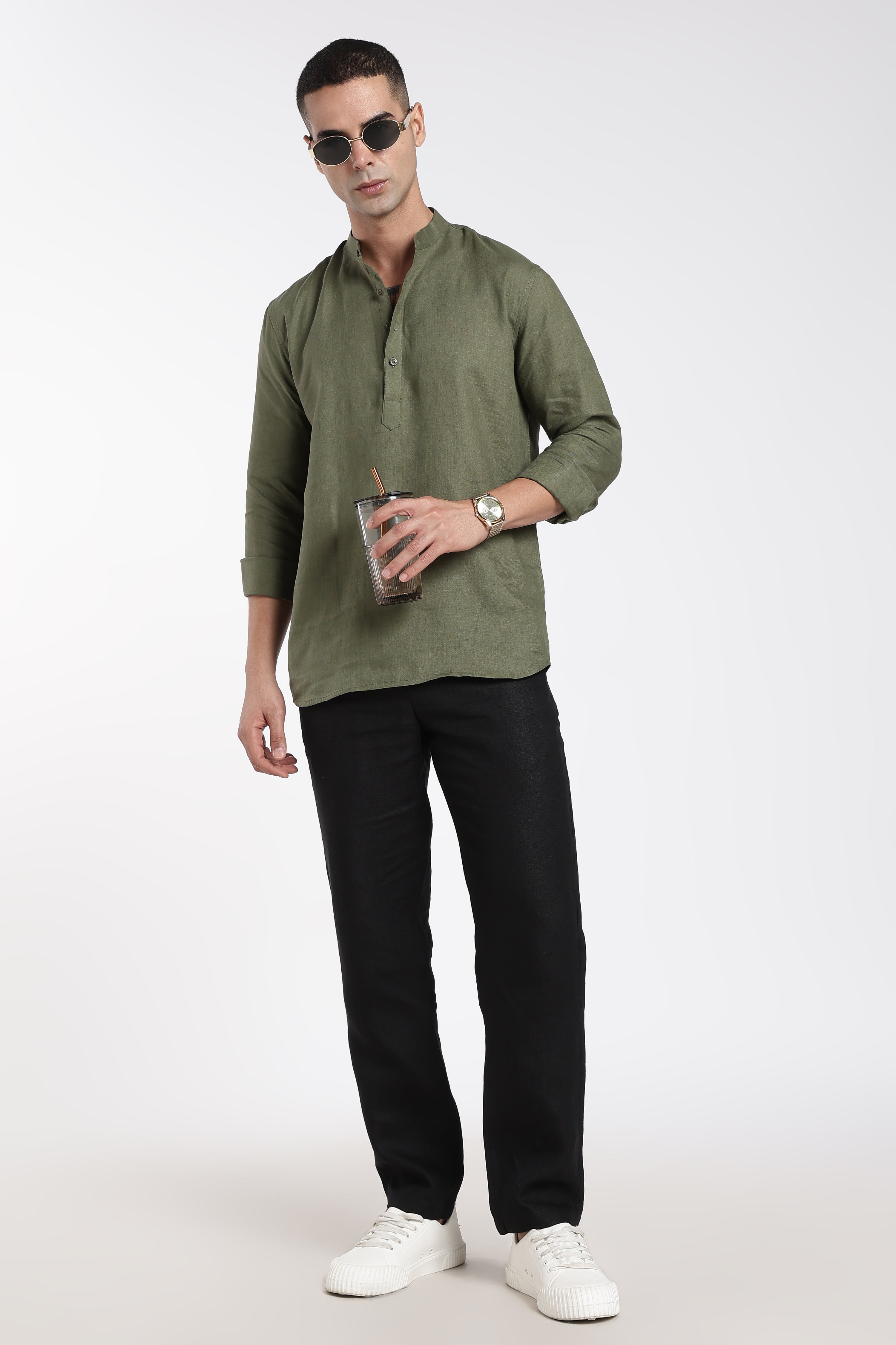 Men’s Olive Green Linen Half Placket Mandarin Collar Kurta | Linen Culture