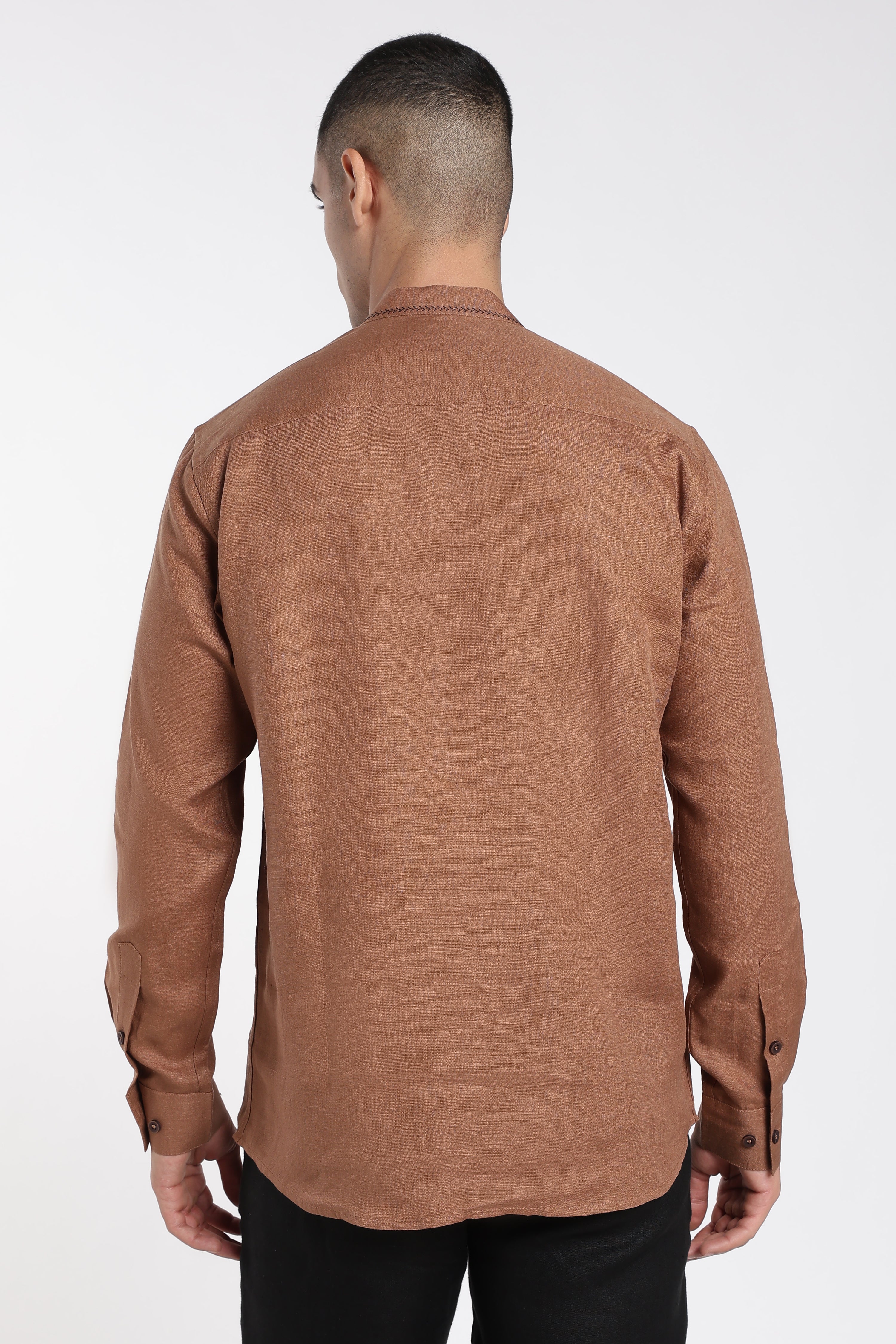 Premium Men’s Rust Brown Linen Half Placket Mandarin Collar Kurta | Linen Culture