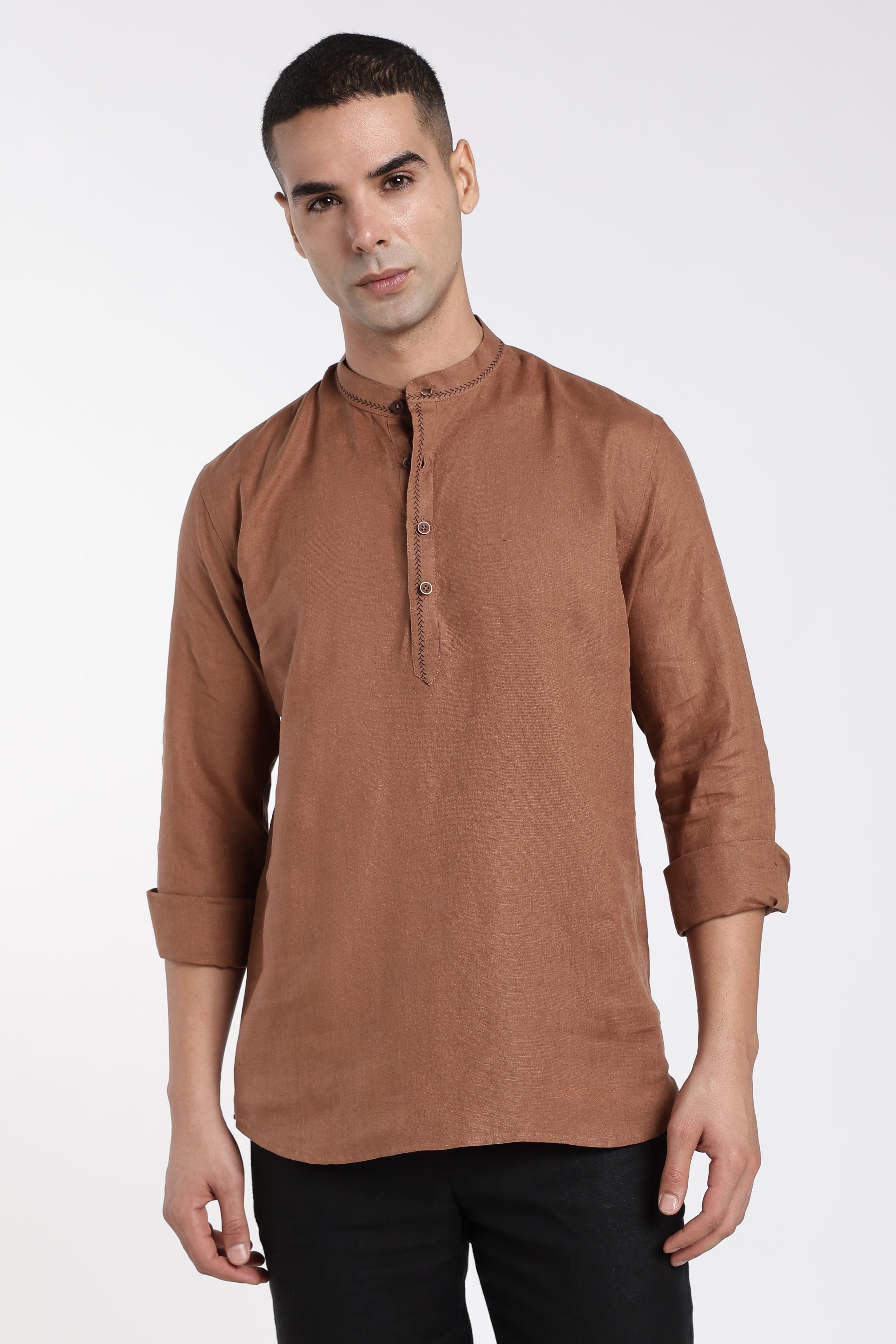 Premium Men’s Rust Brown Linen Half Placket Mandarin Collar Kurta | Linen Culture